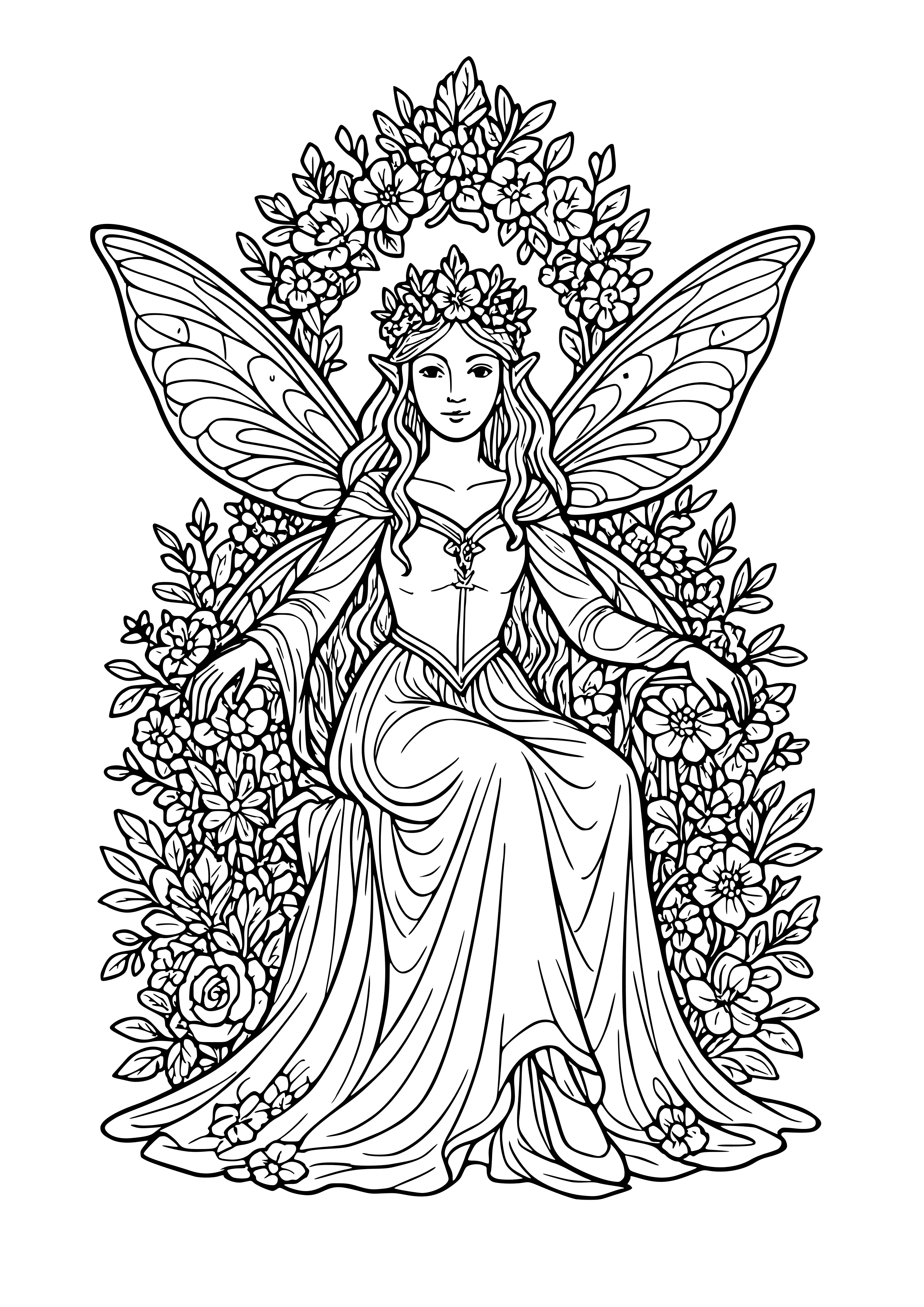 Fairy Queen Sitting on a Throne Made of Flowers Coloring Page