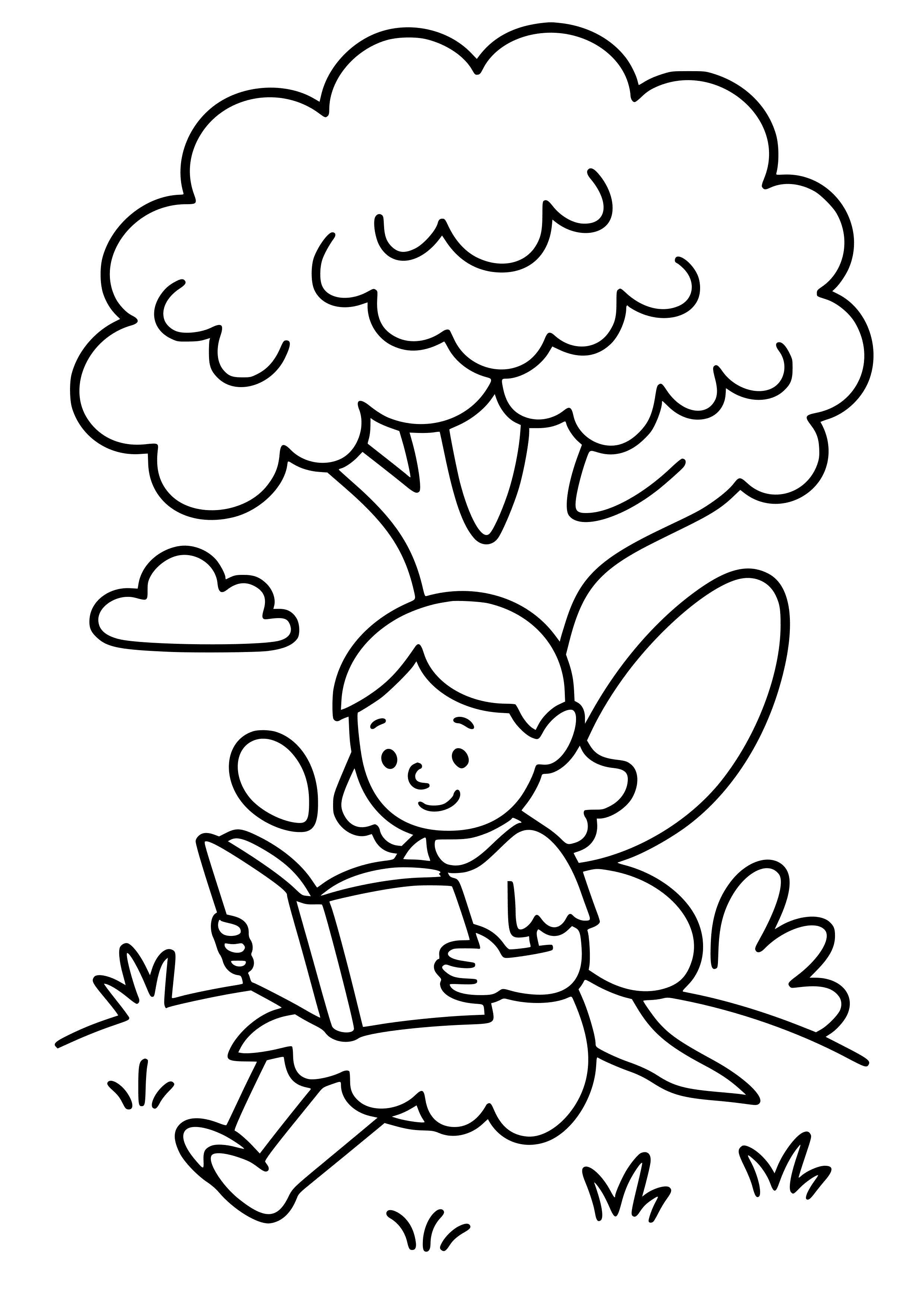 Fairy Reading a Book Under a Tree Coloring Page