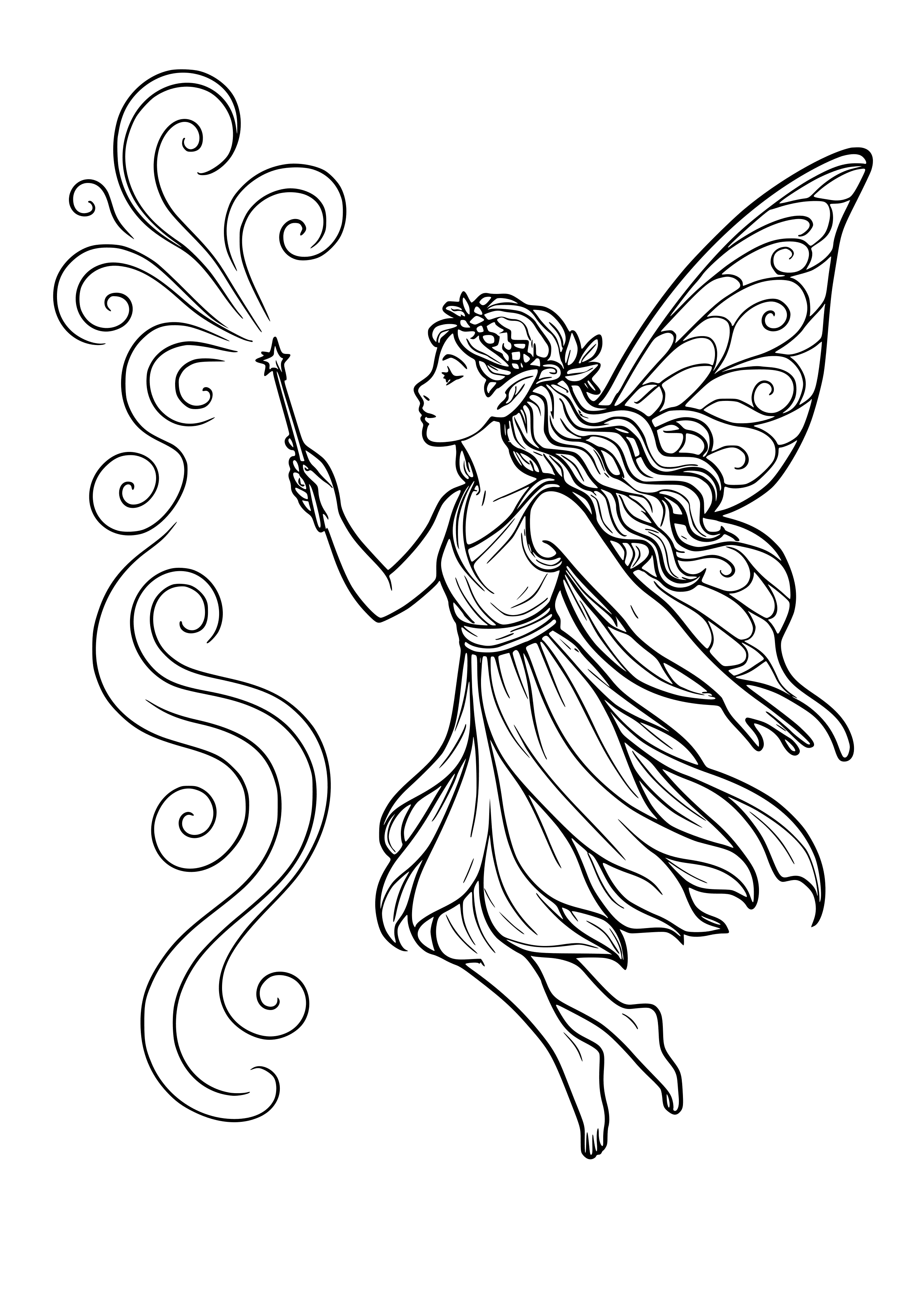 Fairy Summoning a Gentle Breeze with Her Wand Coloring Page