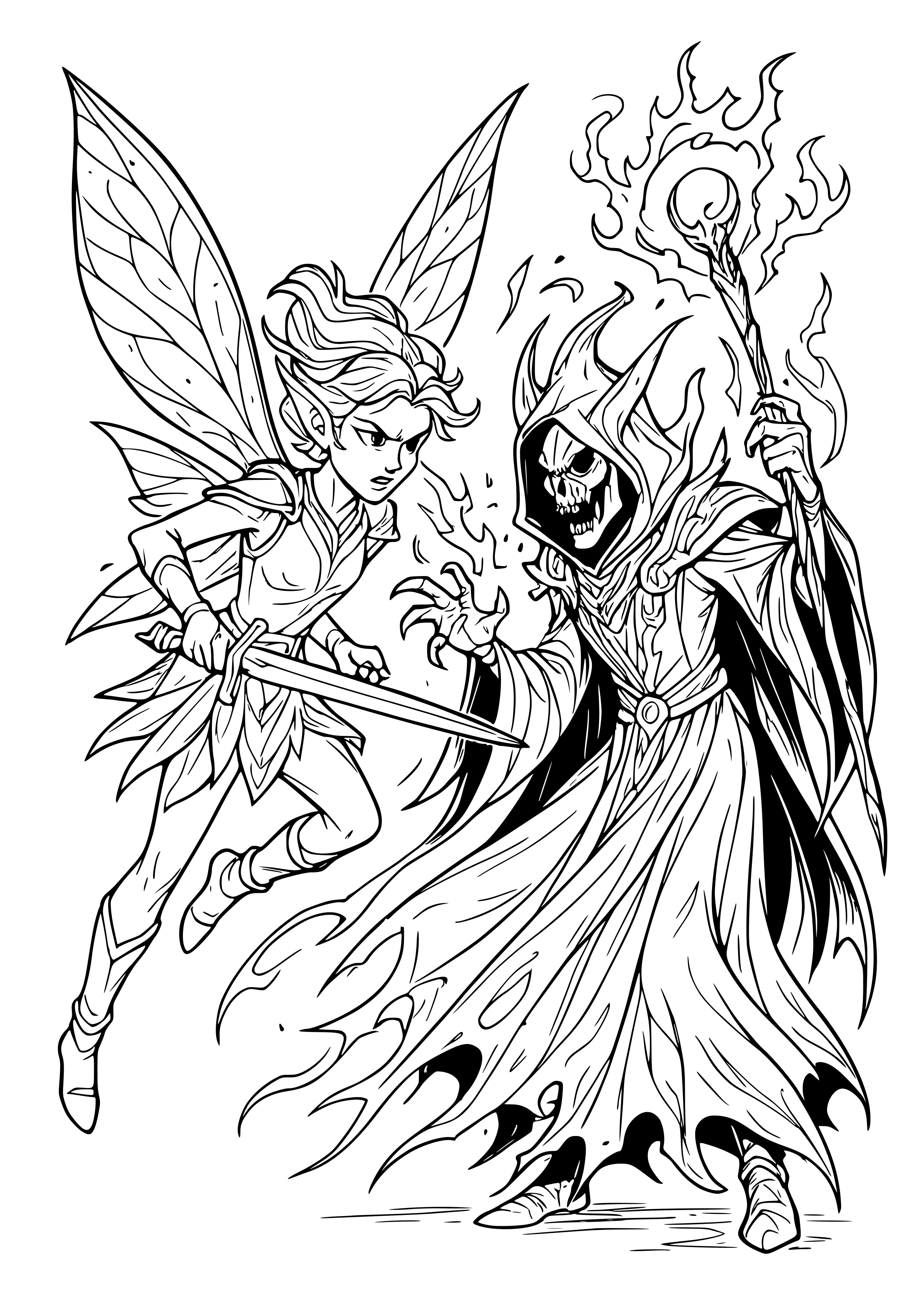 Fairy Warrior Battling a Dark Sorcerer Coloring Page