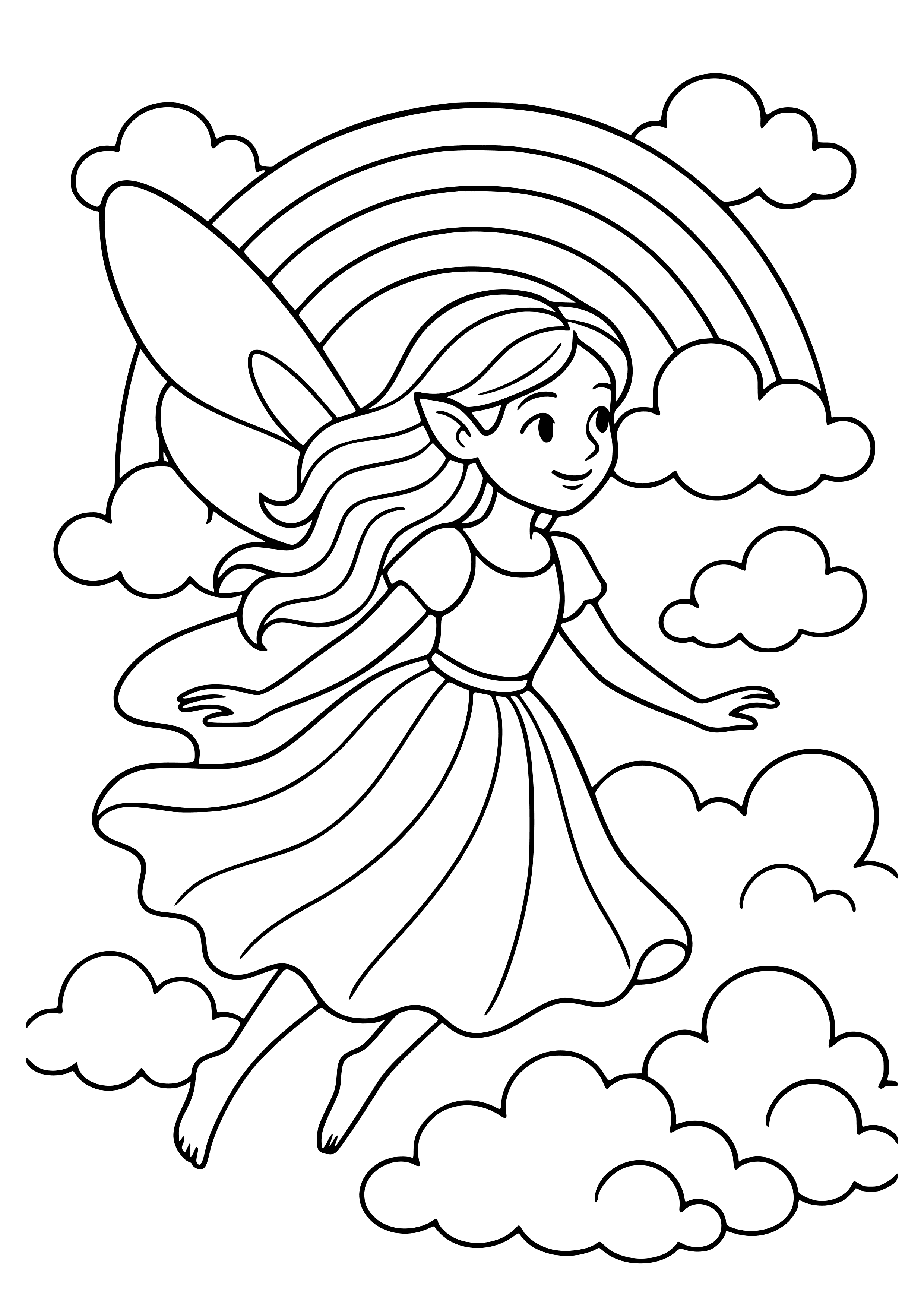 Fairy with a Flowing Dress Flying Through Rainbow Clouds Coloring Page