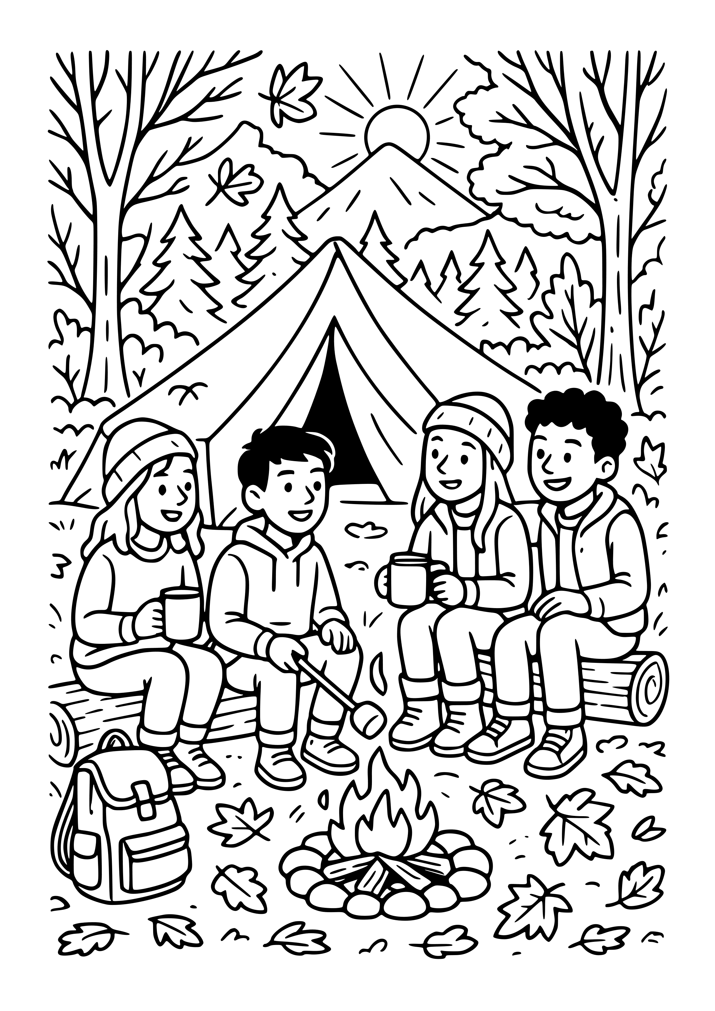Fall Camping Trip with Friends Coloring Page