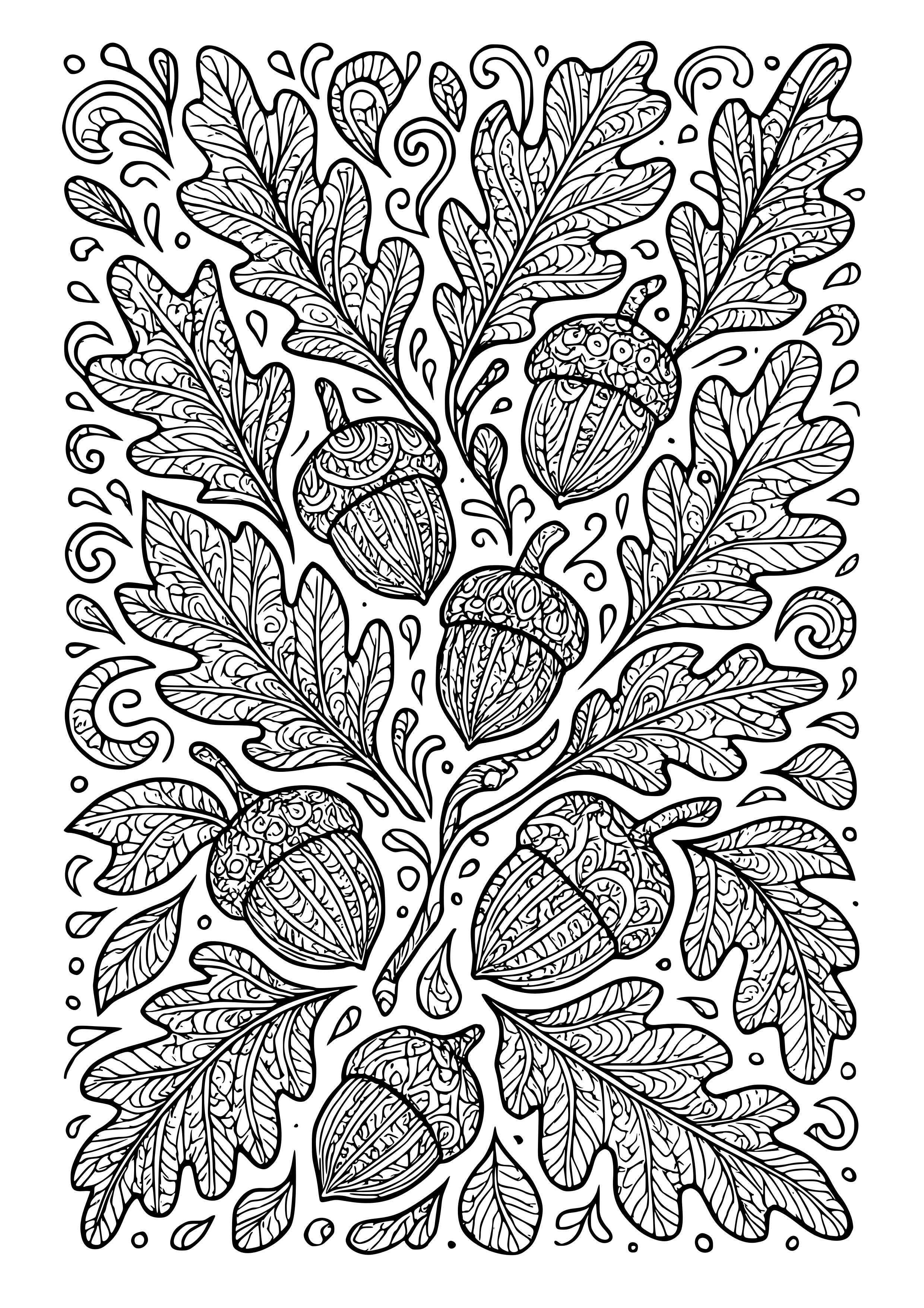 Falling Acorns and Oak Leaves Coloring Page