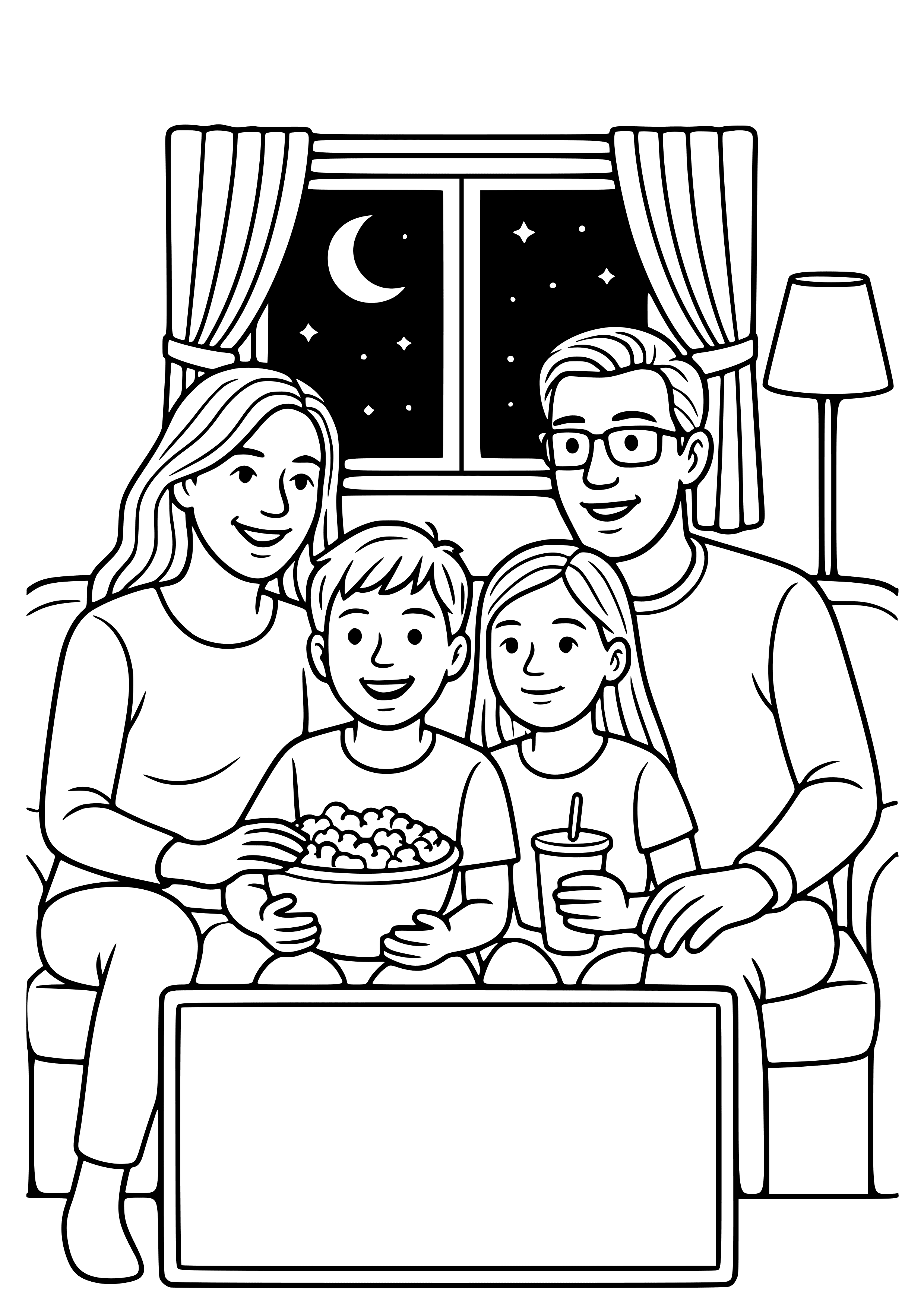 Family Enjoying Movie Night Together Coloring Page