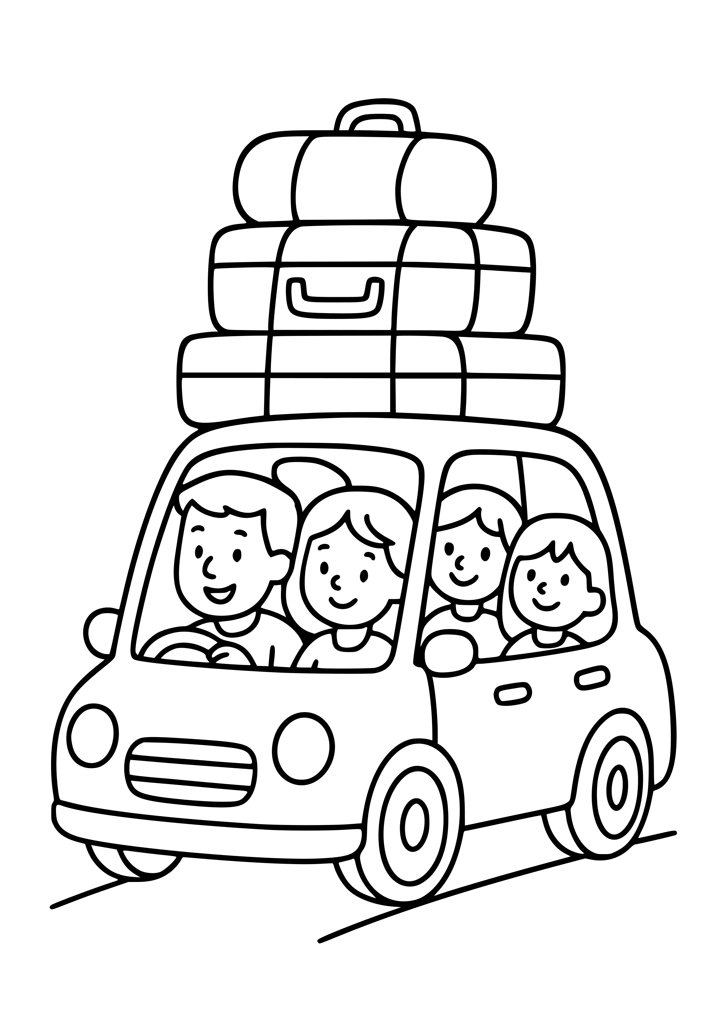 Family Road Trip with Luggage on Top Coloring Page