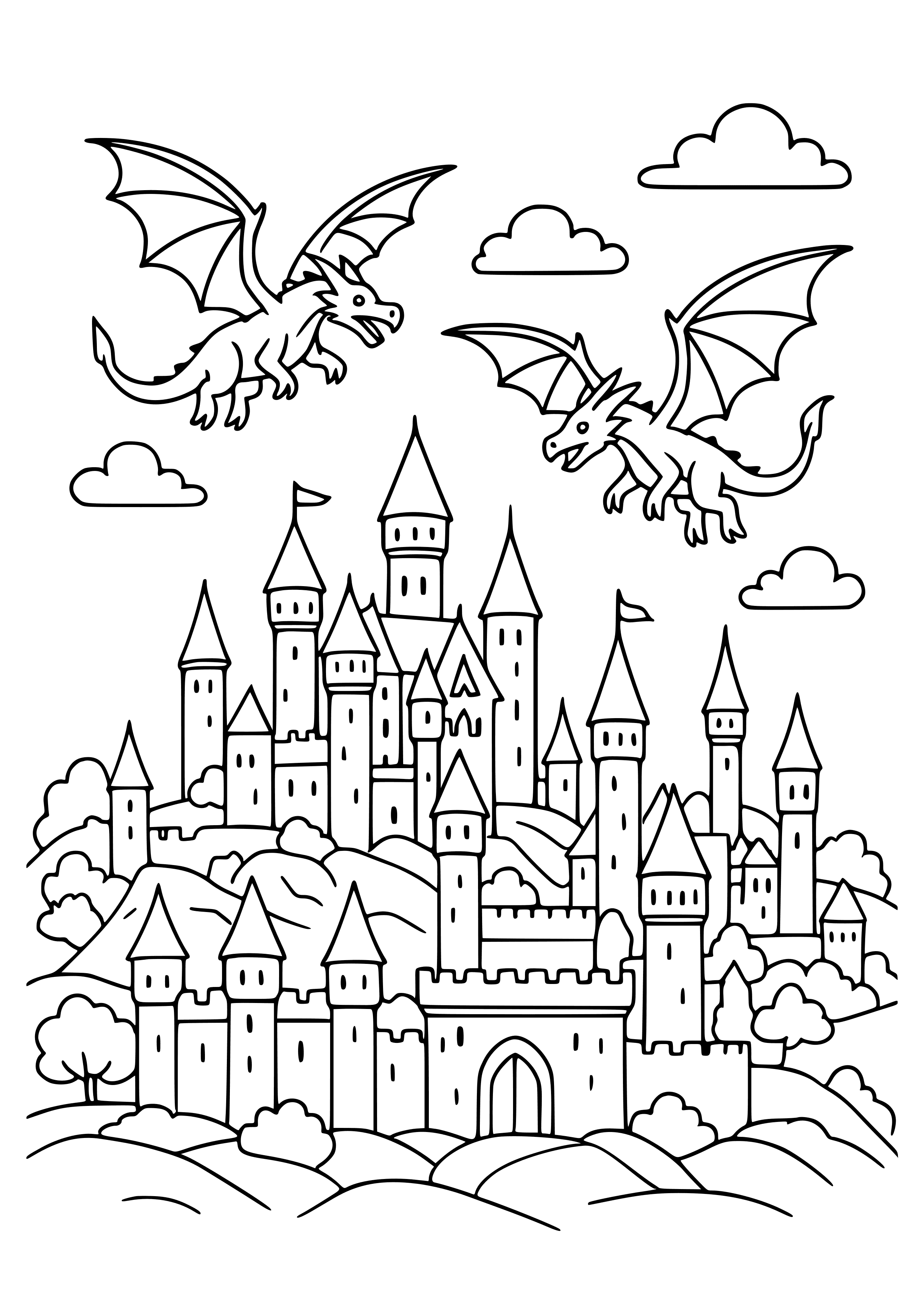 Fantasy City with Castles and Dragons Coloring Page