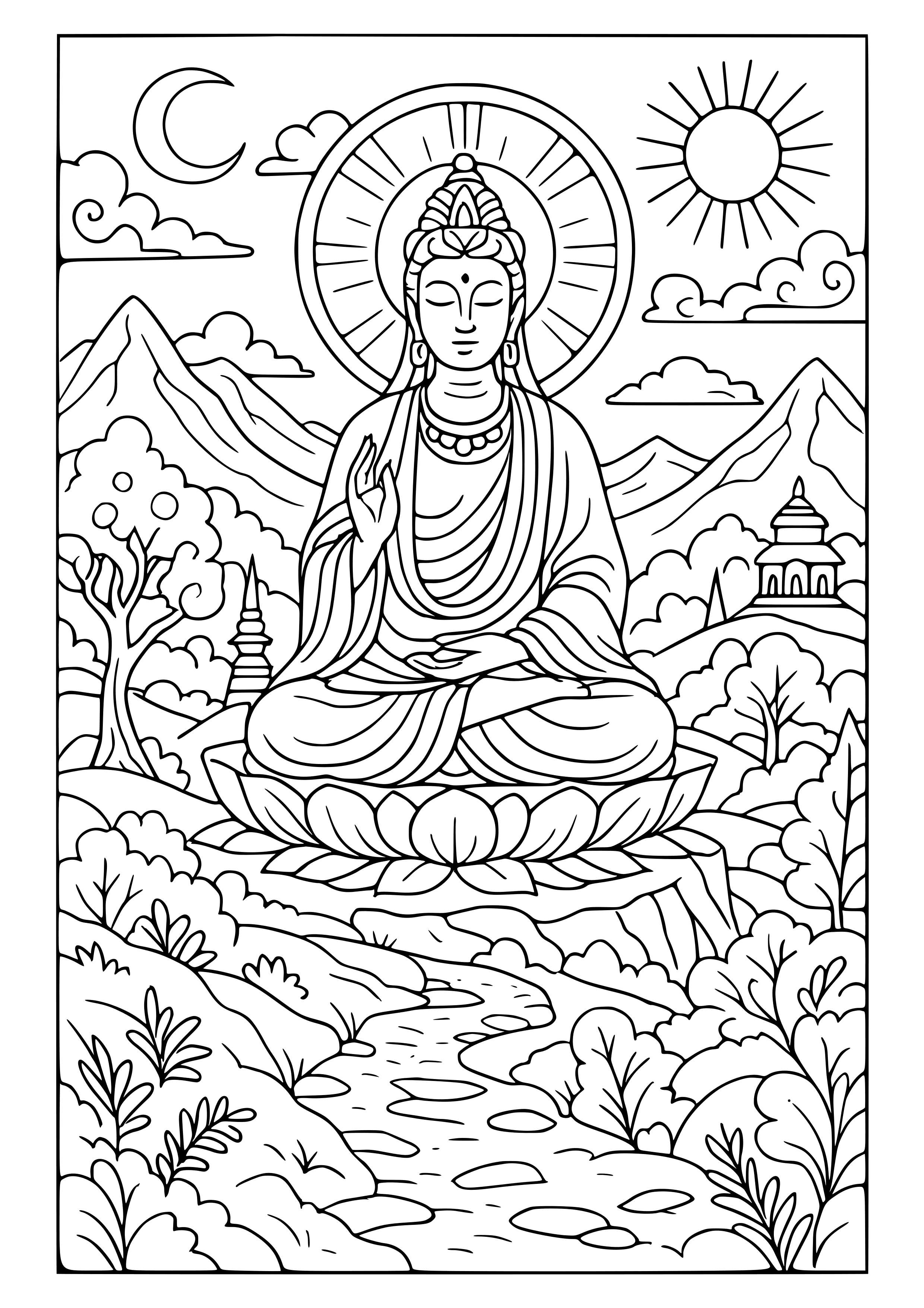 Fantasy Landscape with Spiritual Elements Coloring Page