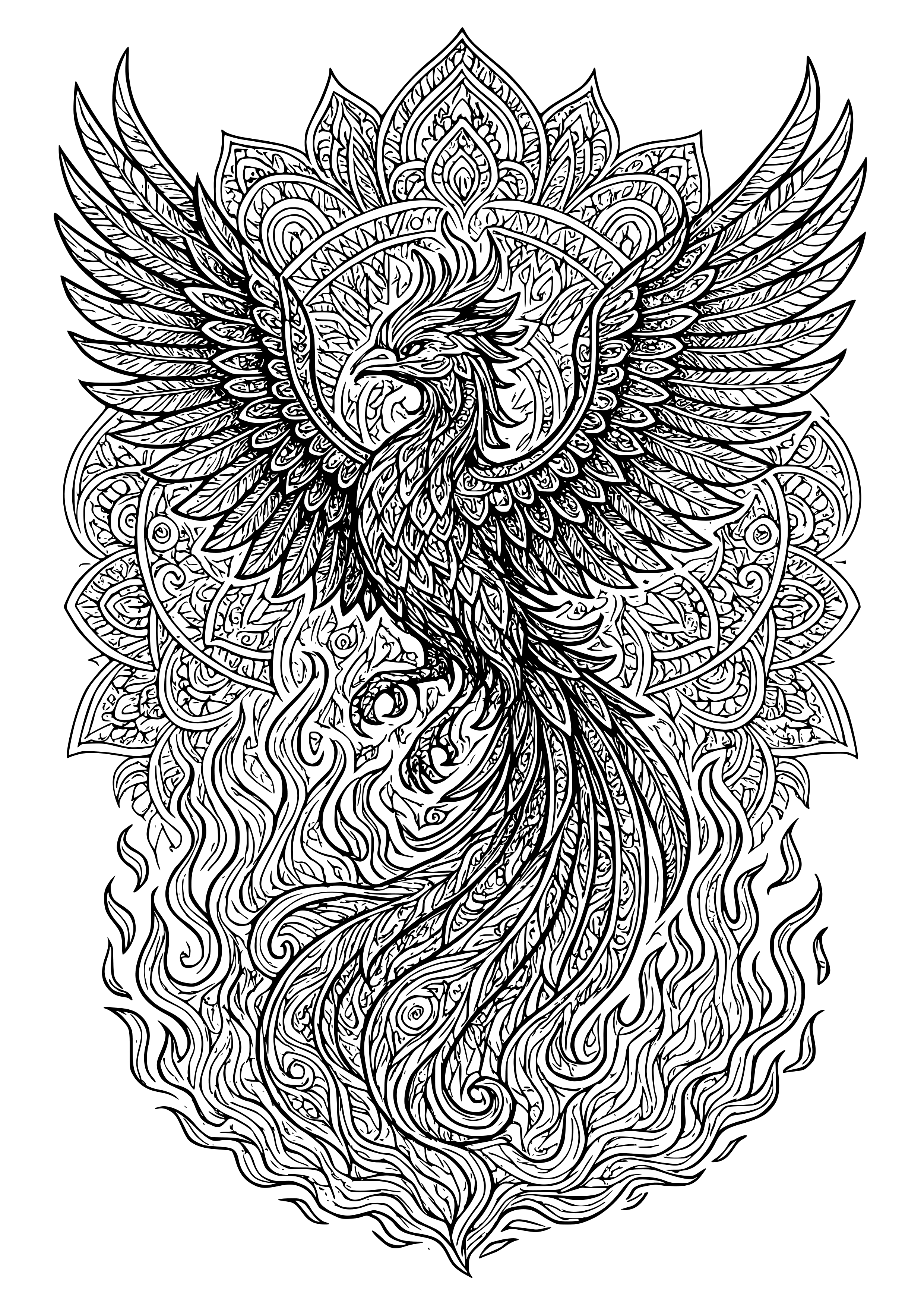 Fantasy Phoenix Rising From Flames Coloring Page