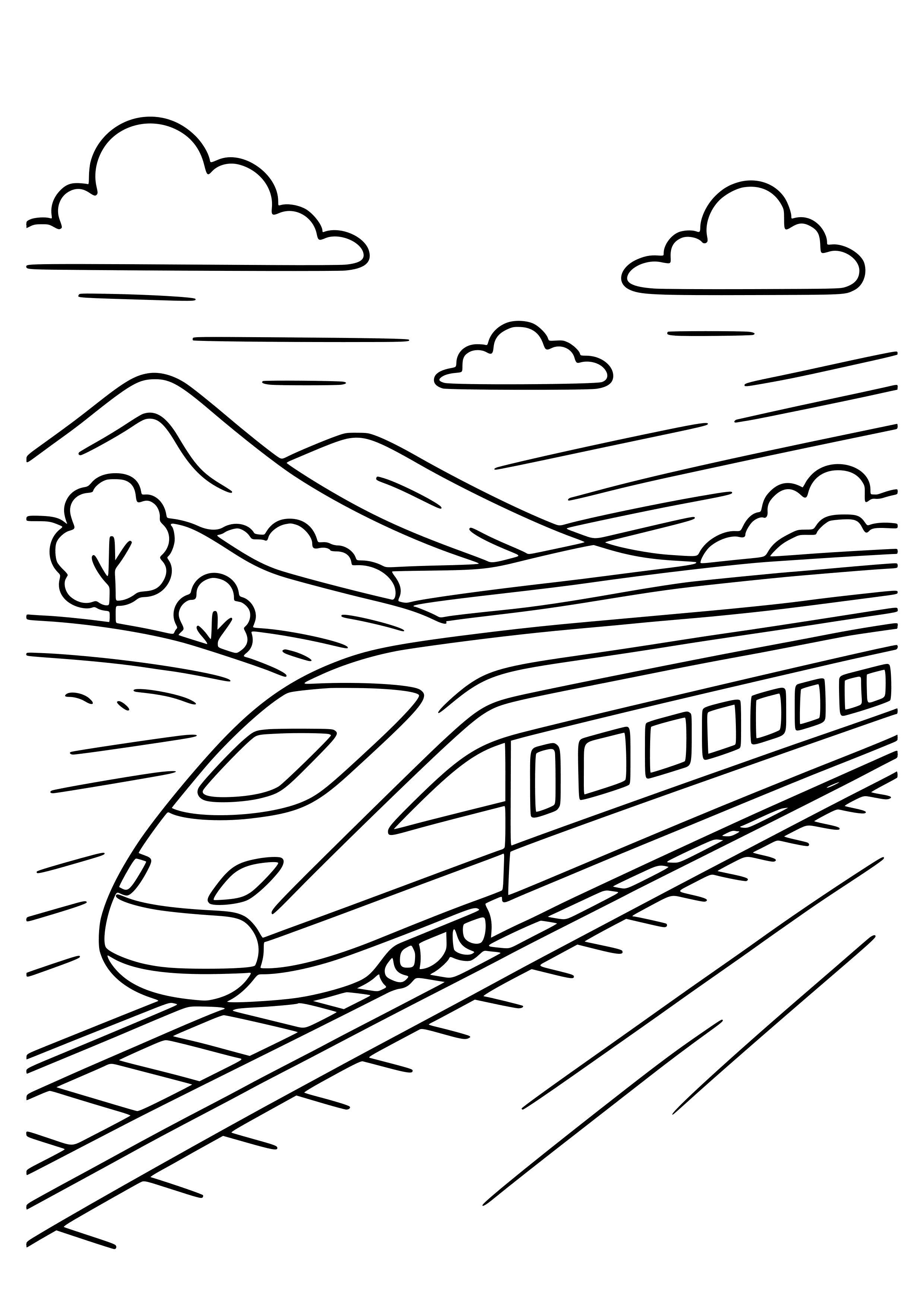 Fast Train Zooming Past a Landscape Coloring Page