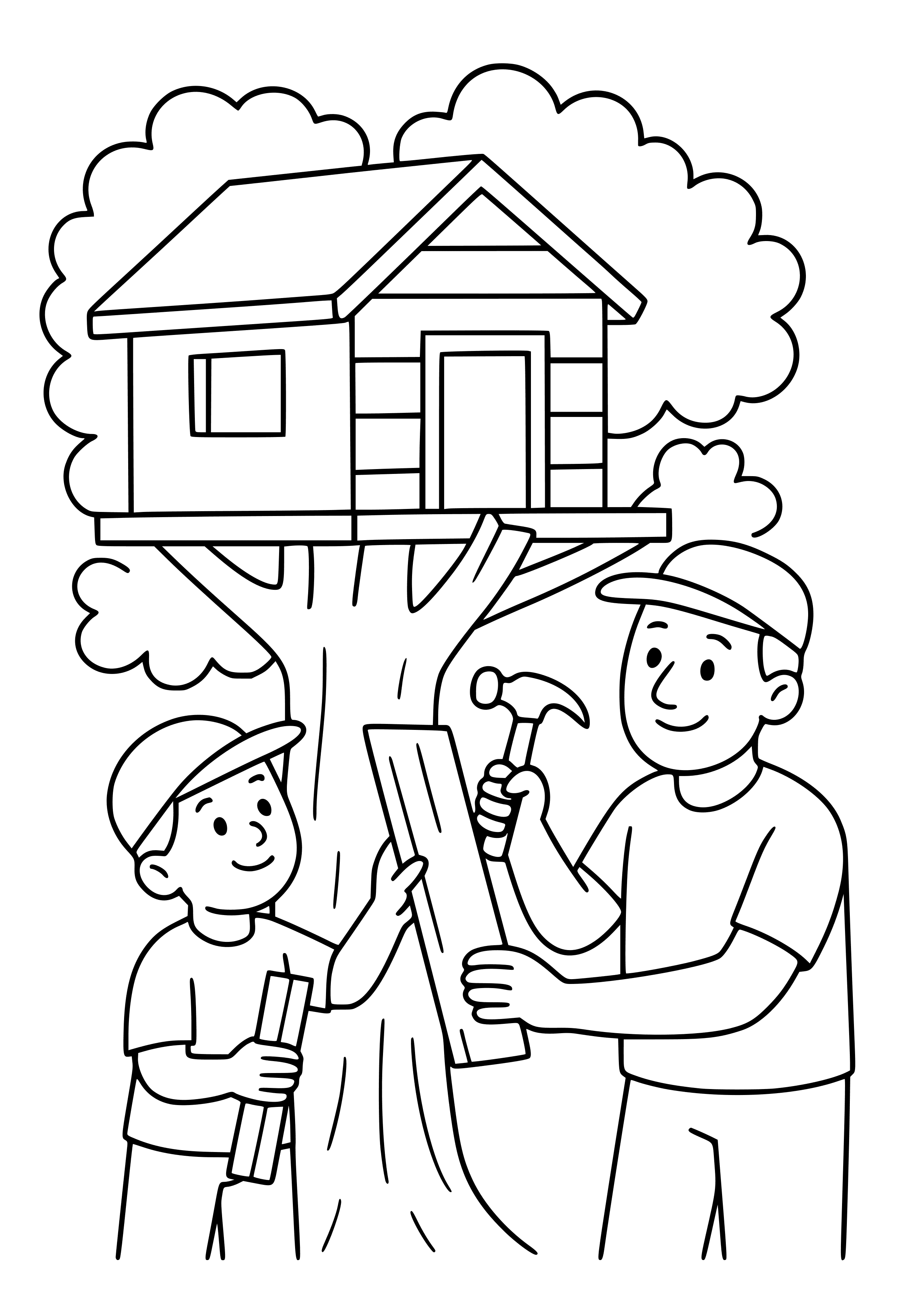 Father and Child Building a Treehouse Coloring Page