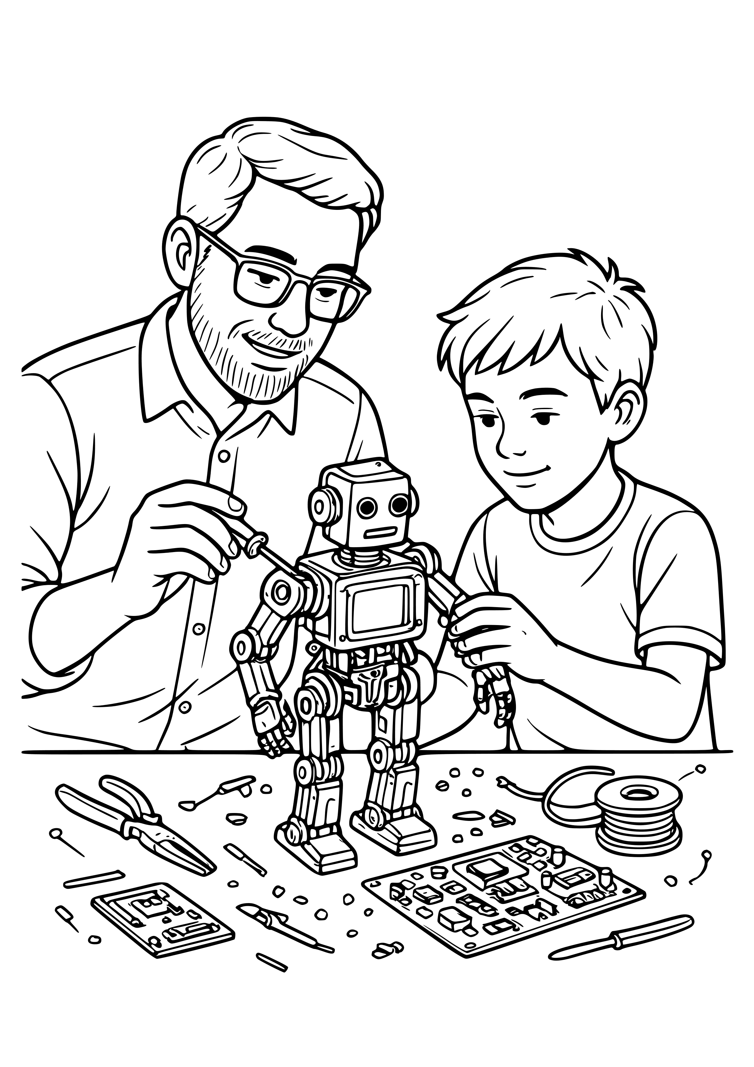 Father Helping with a Robotics Project Coloring Page