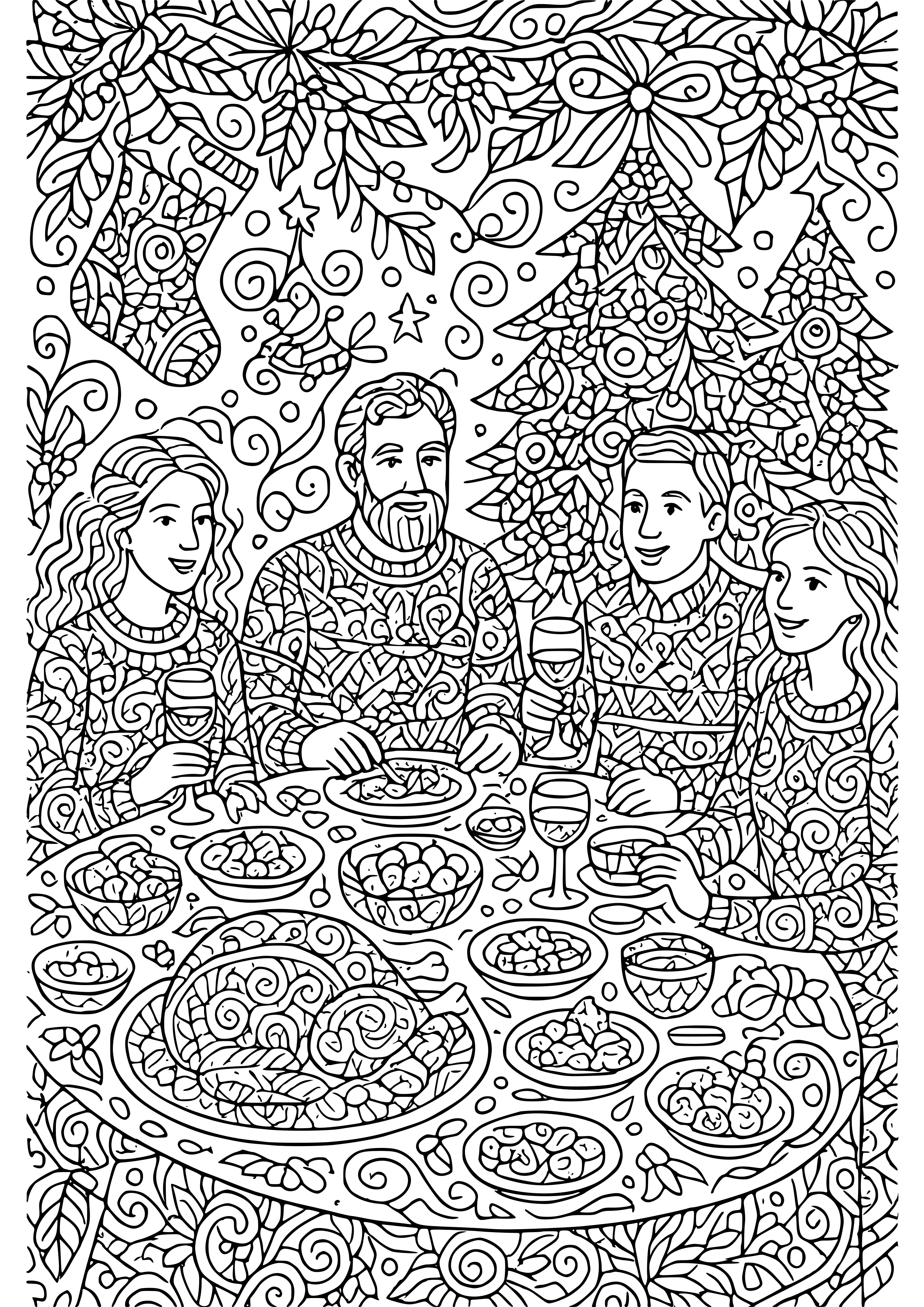 Festive Holiday Gathering Around a Table Coloring Page