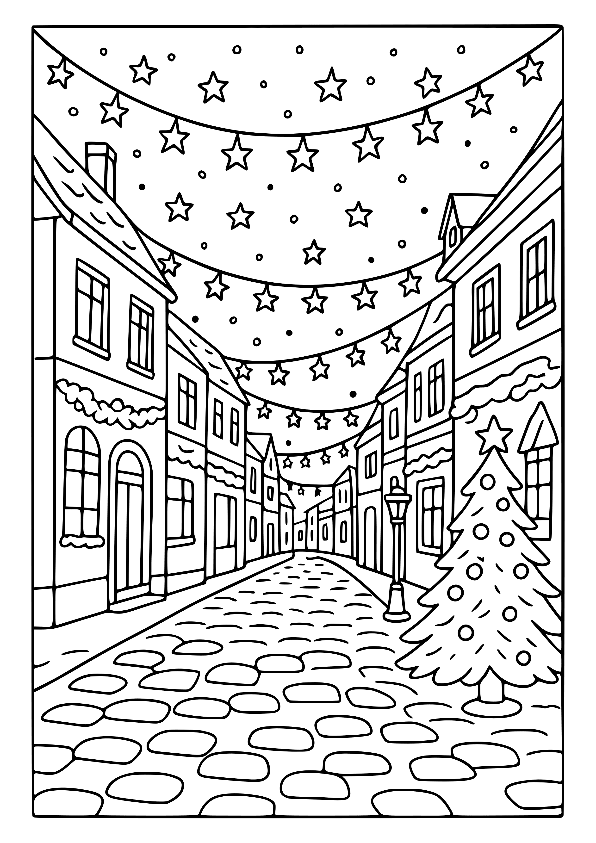 Festive Street with Twinkling Lights Coloring Page