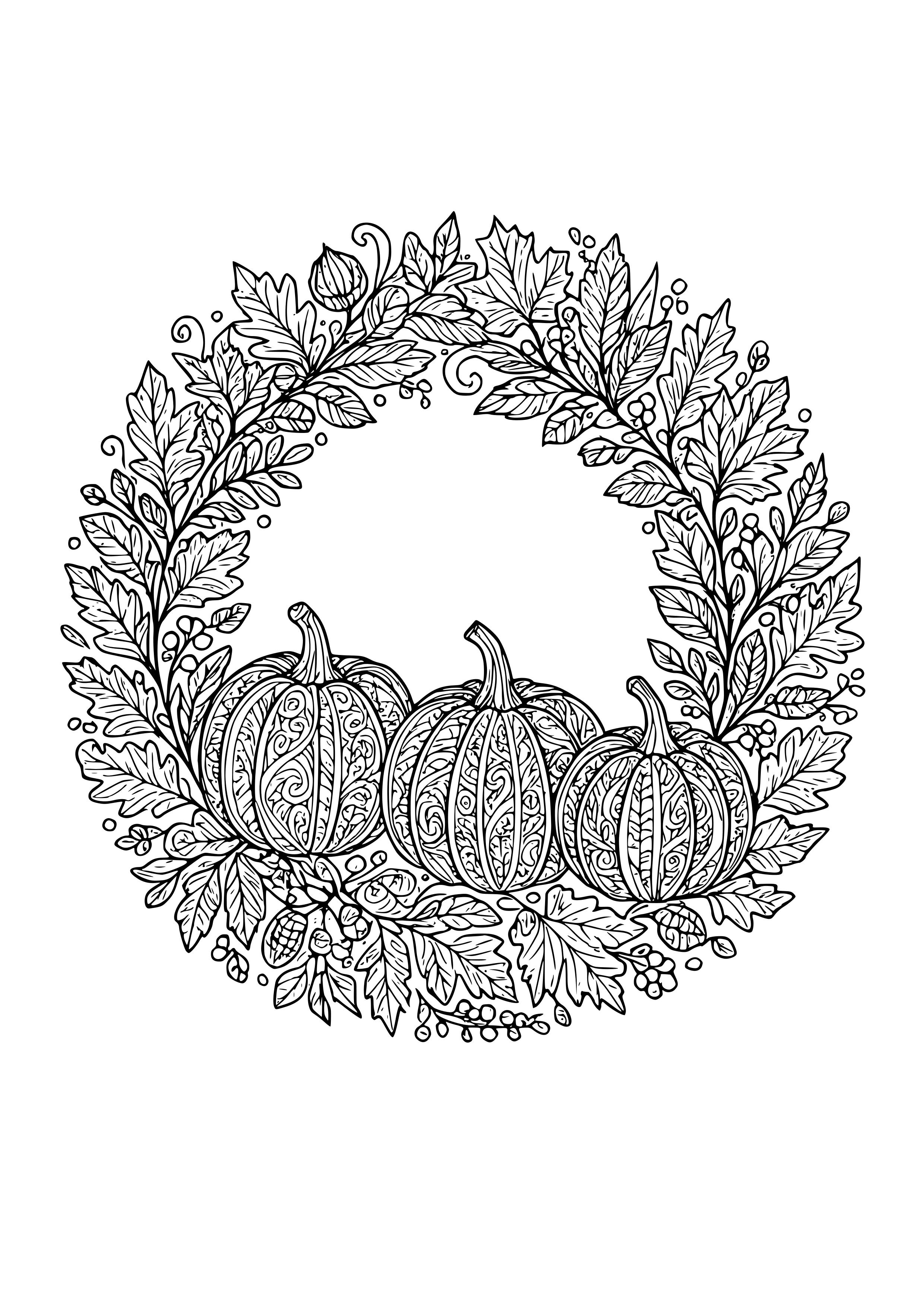 Festive Wreath with Pumpkins Coloring Page