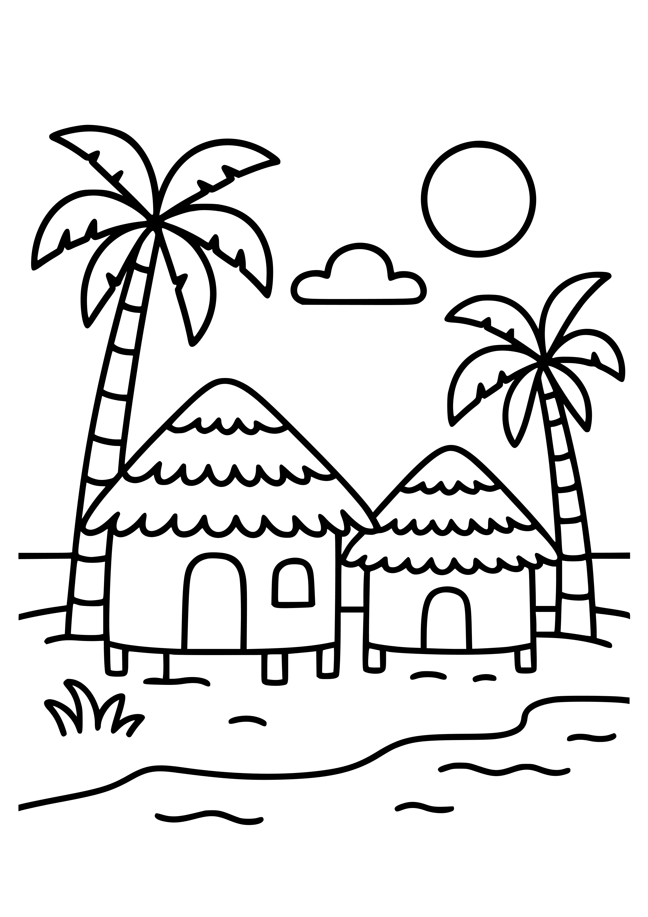 Fijian Beach Scene with Traditional Huts Coloring Page