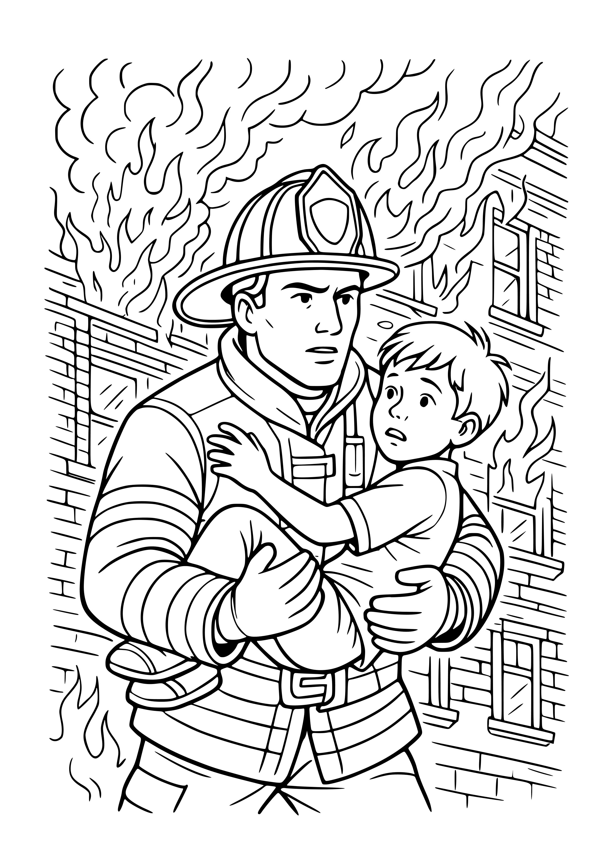 Firefighter Rescuing a Child From a Burning Building Coloring Page