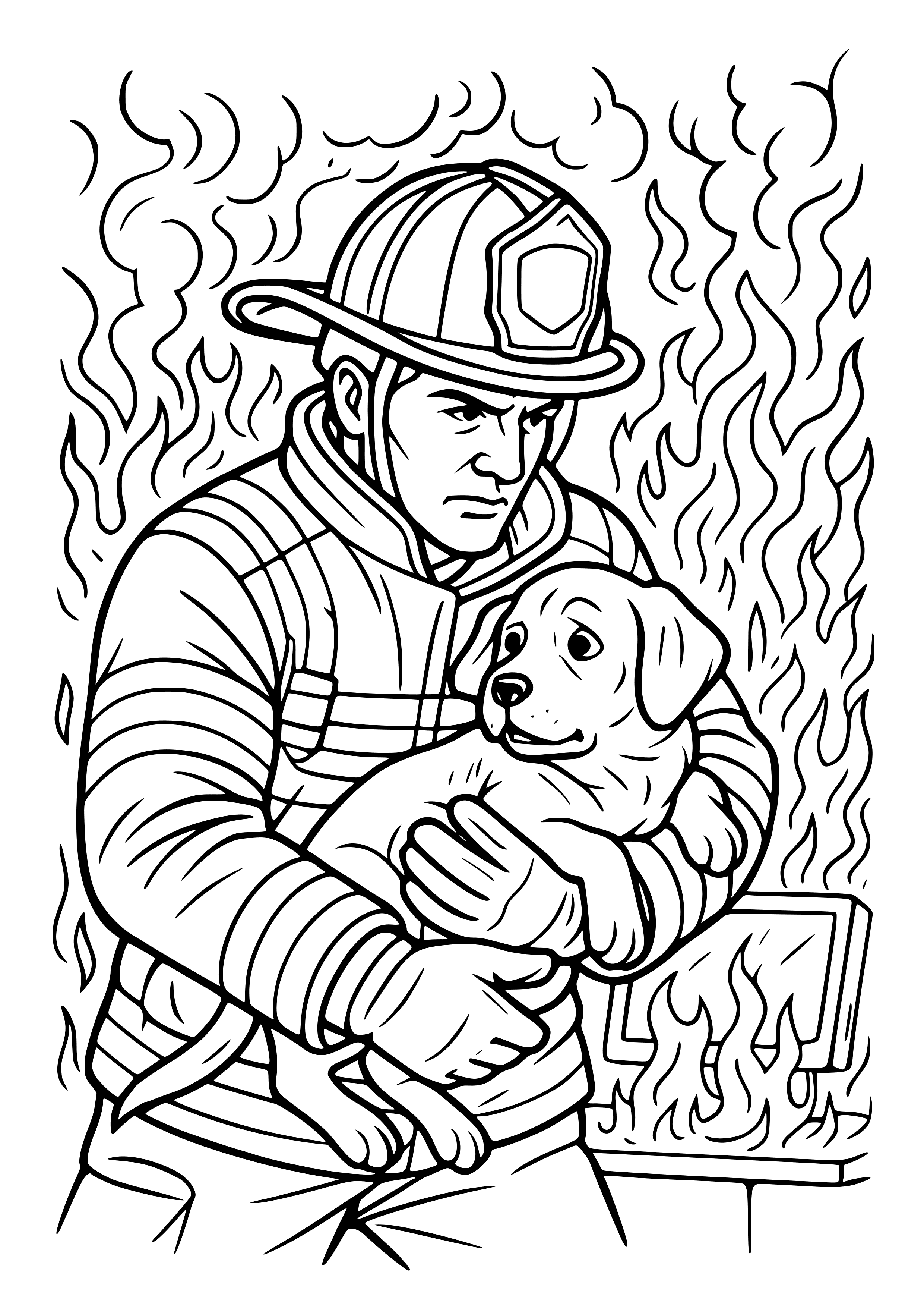 Firefighter Rescuing a Dog From a Fire Coloring Page