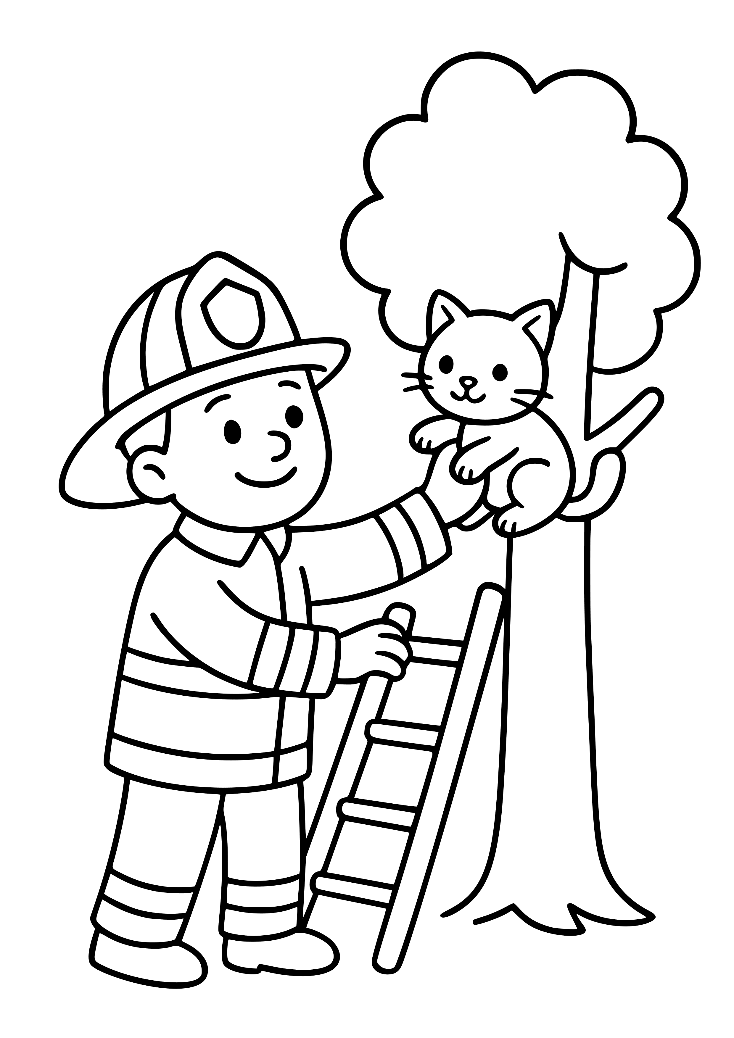 Firefighter Rescuing a Kitten From a Tree Coloring Page
