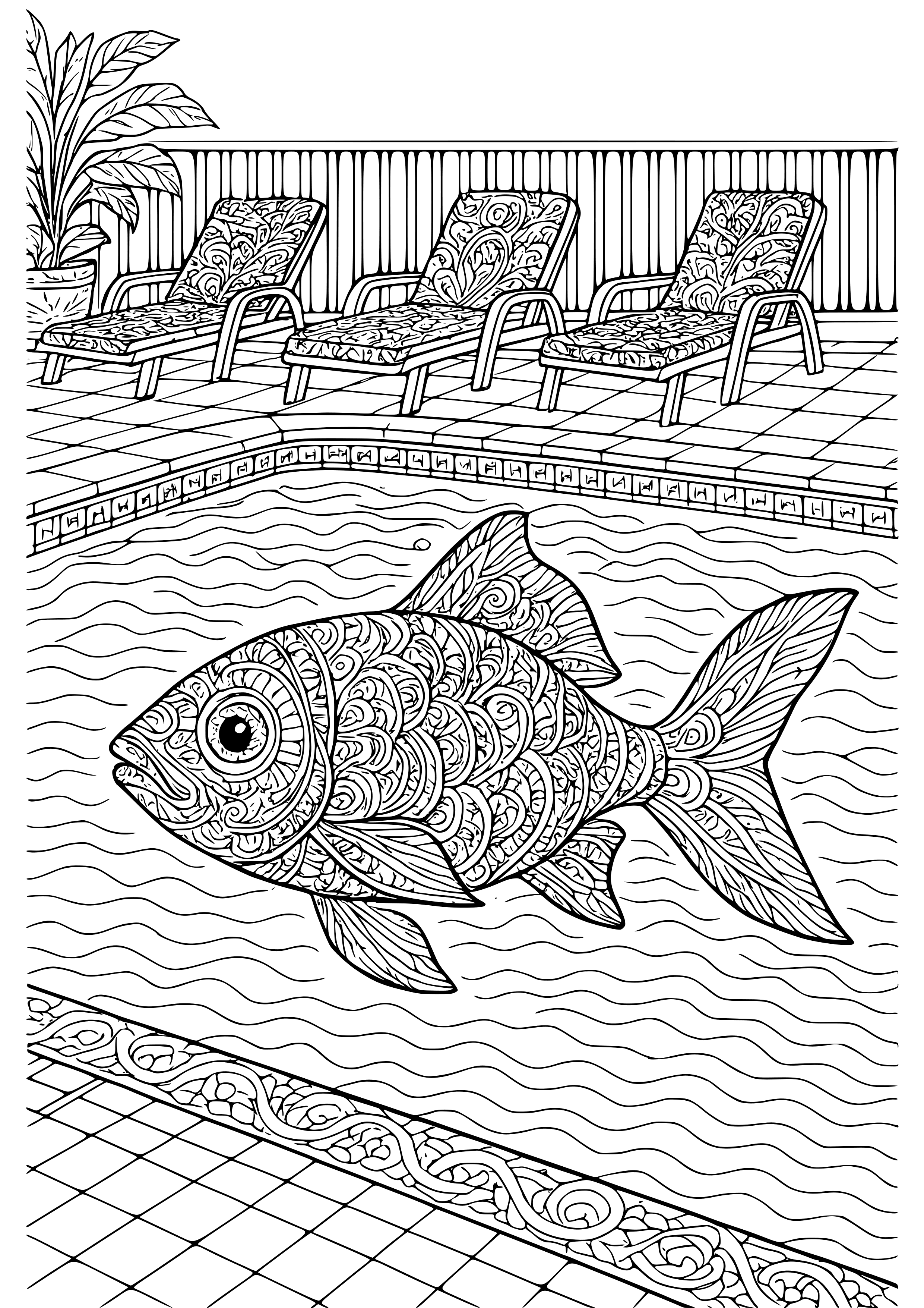 Fish in a Swimming Pool with Lounge Chairs Coloring Page