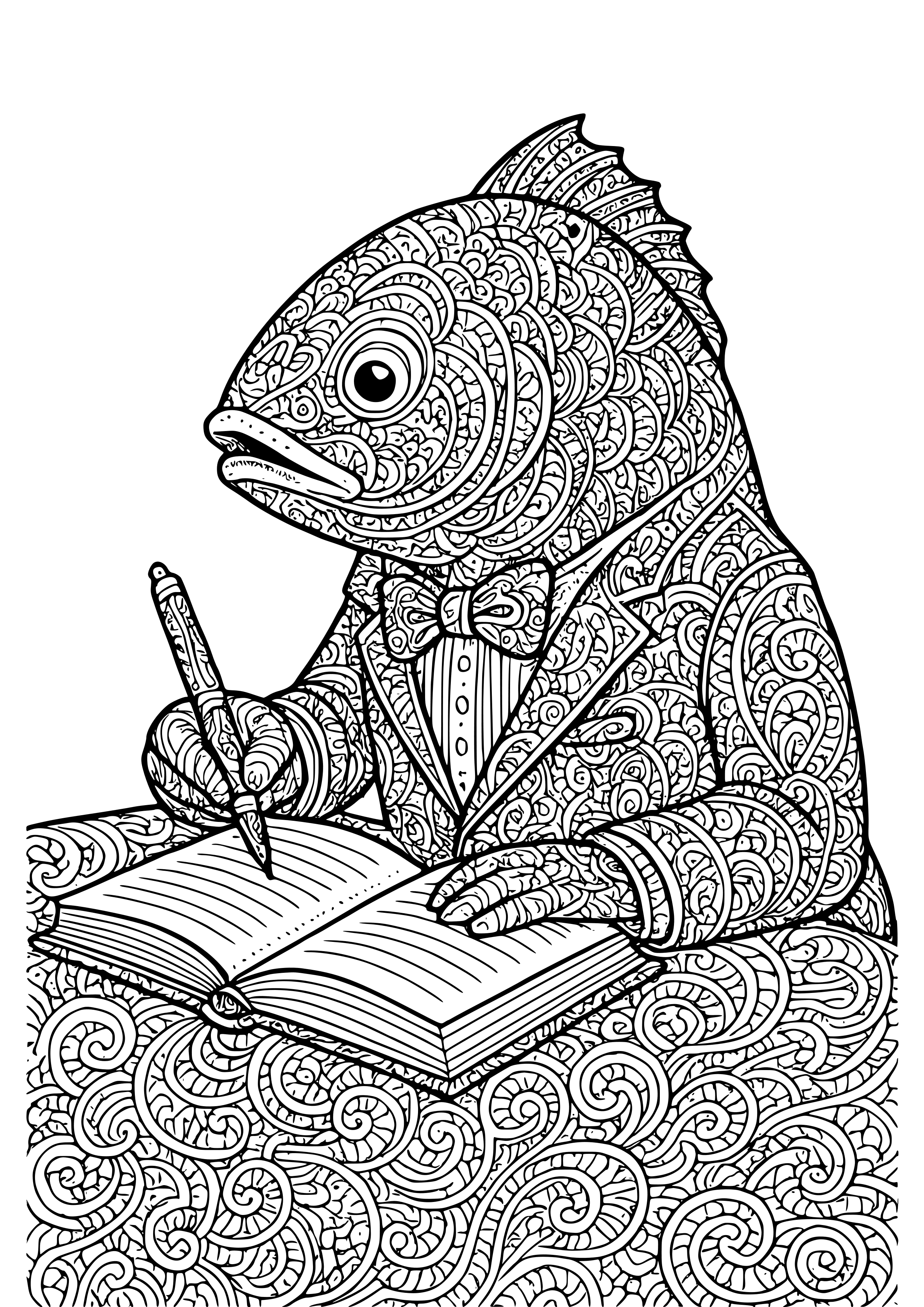 Fish in a Tuxedo Writing a Bestselling Novel Coloring Page