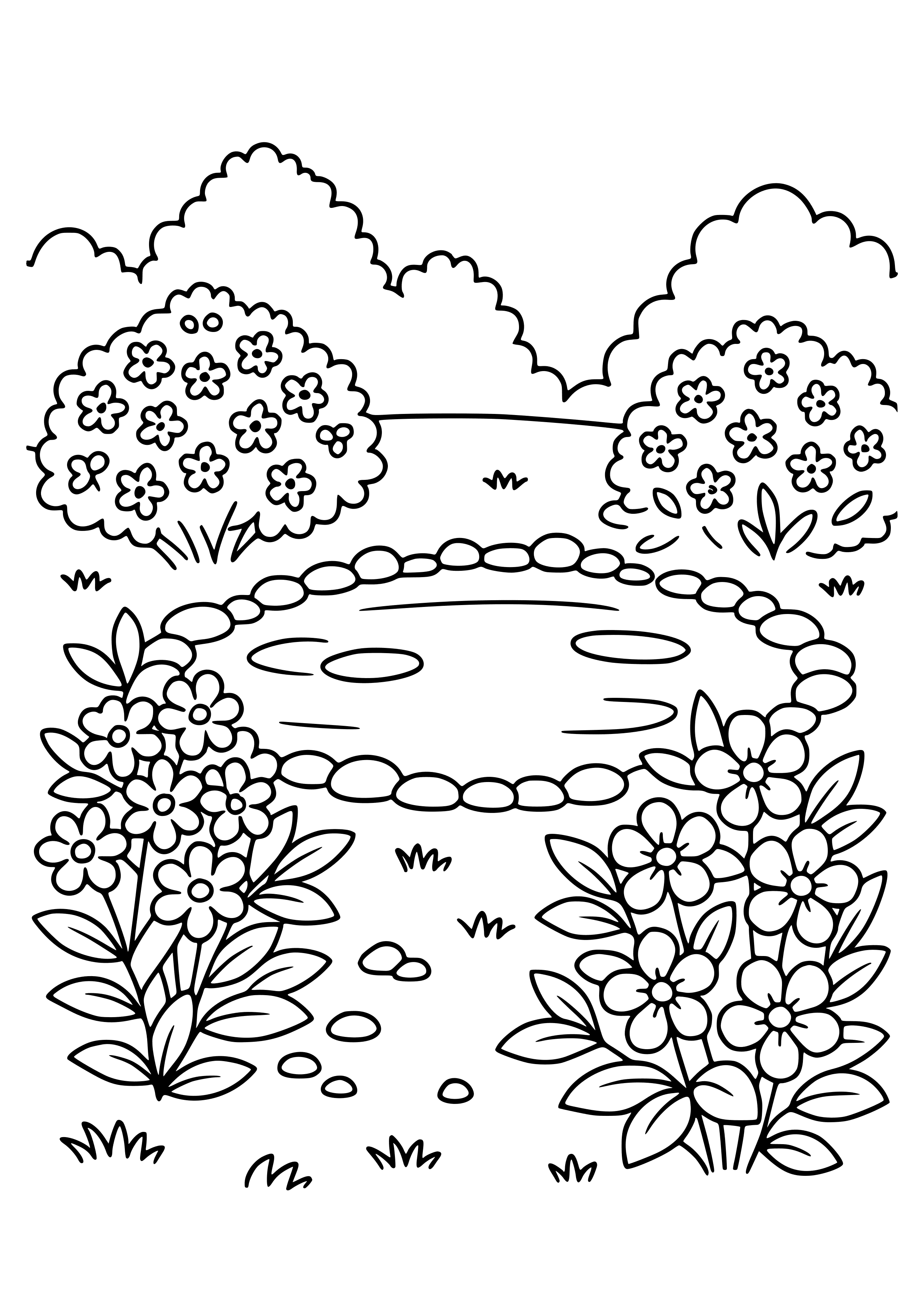 Flowering Shrubs Around a Pond Coloring Page