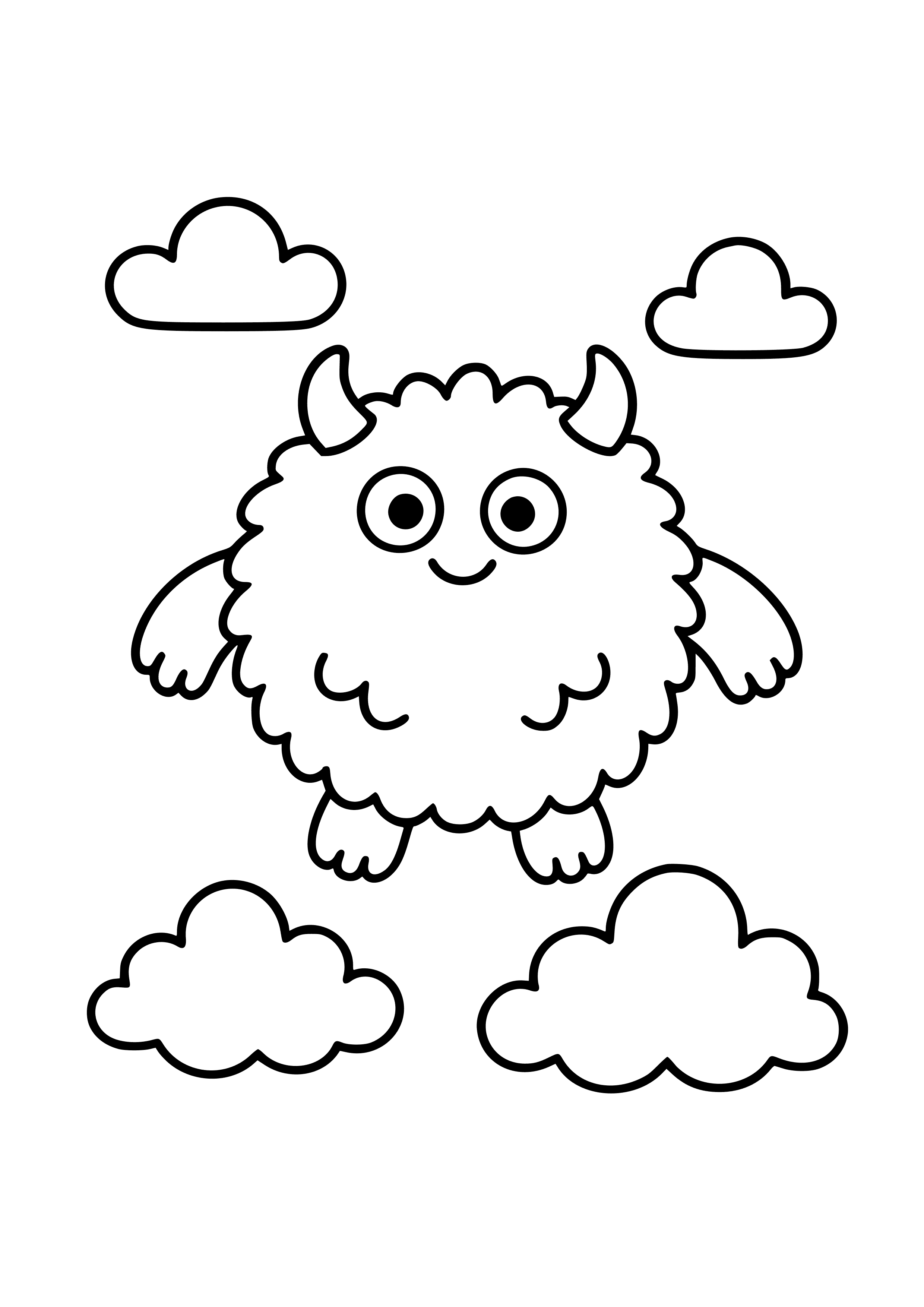 Fluffy Pink Monster Floating on Clouds Coloring Page