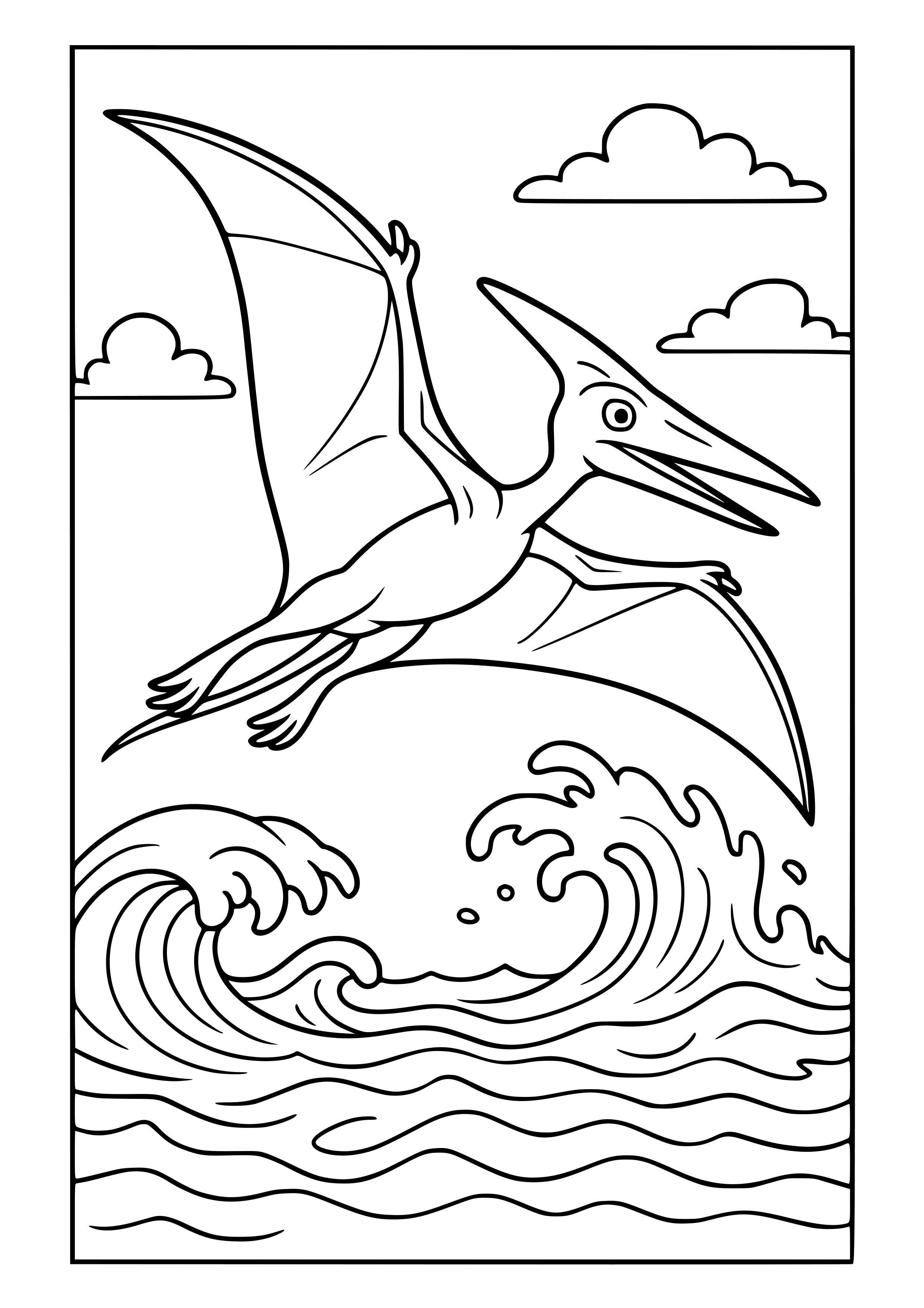 Flying Pterodactyl Over Ocean Waves Coloring Page