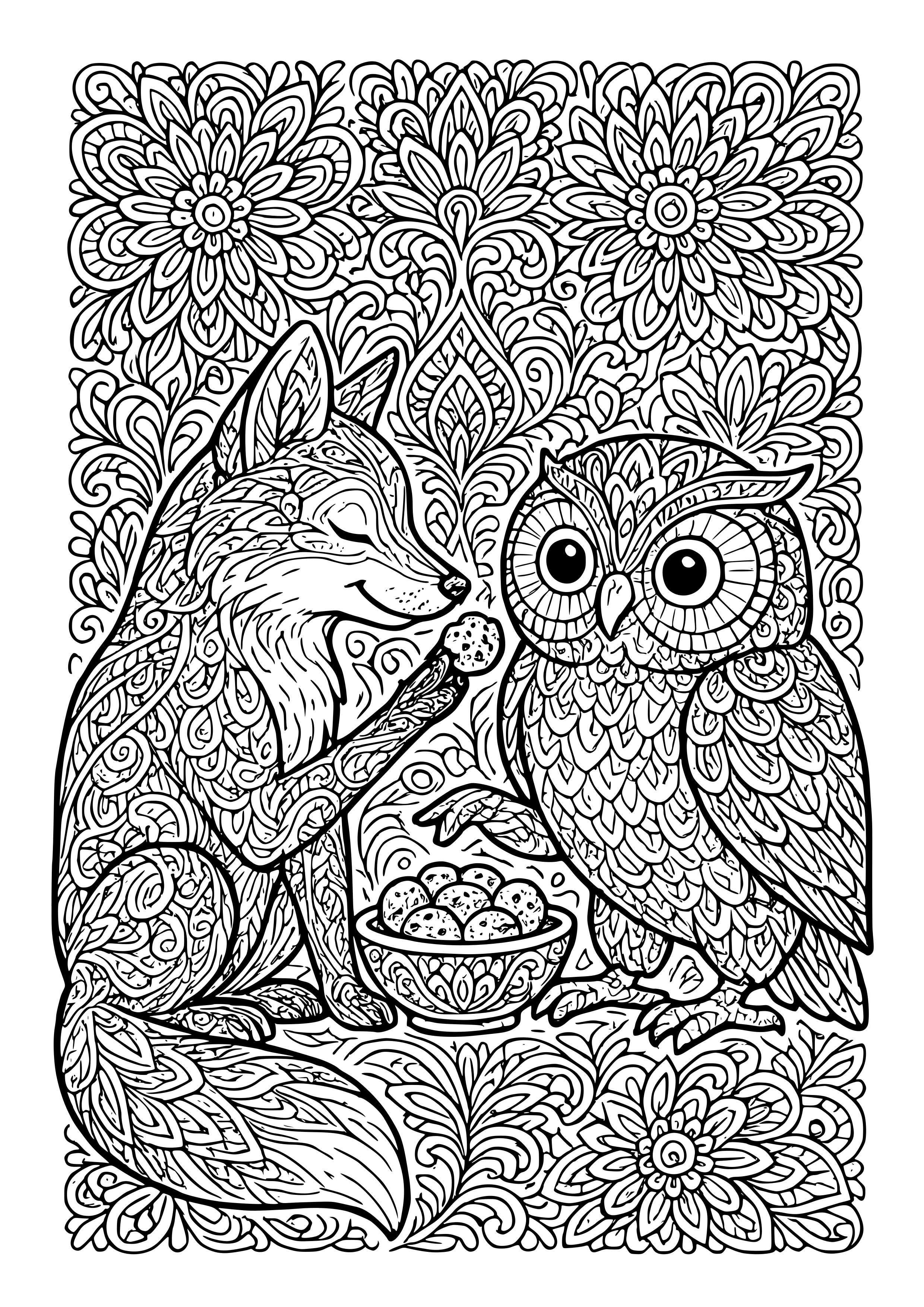 Fox and Owl Sharing a Midnight Snack Coloring Page