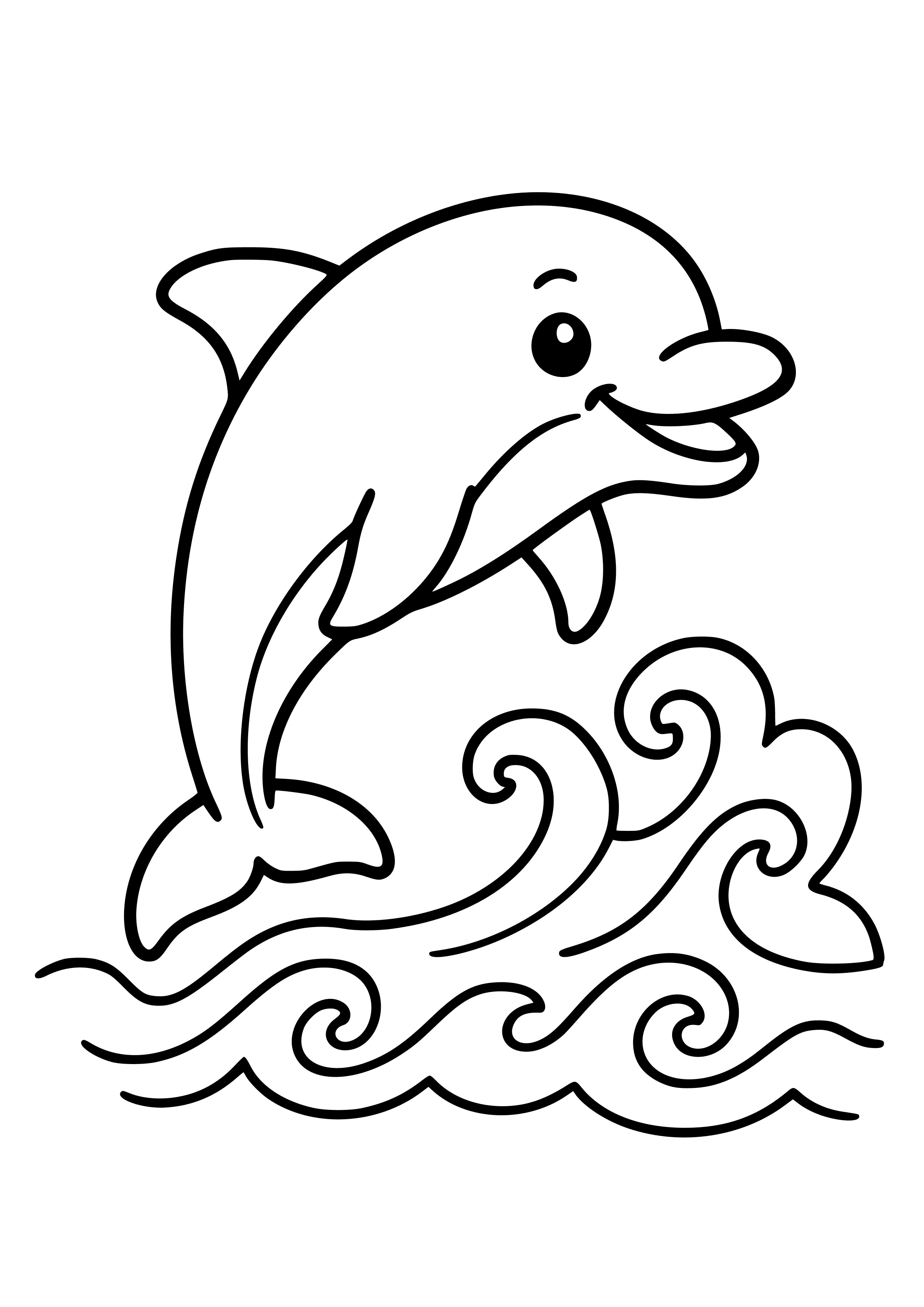 Friendly Dolphin Jumping Through Waves Coloring Page