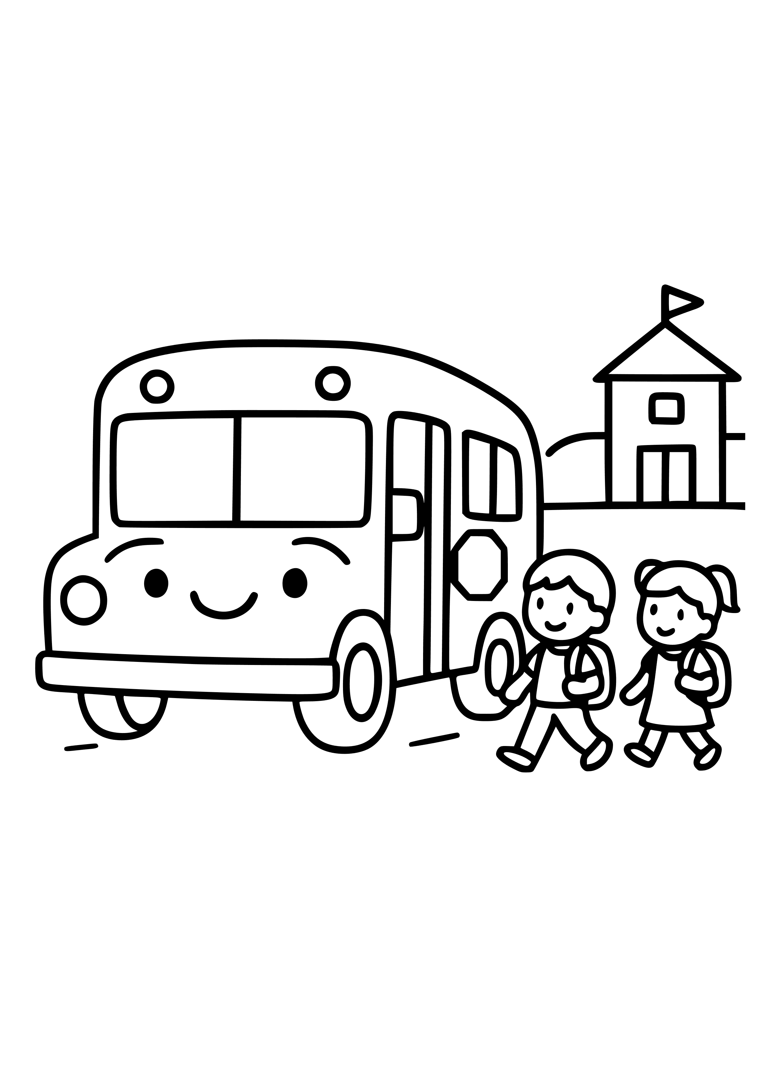 Friendly School Bus Picking Up Kids Coloring Page