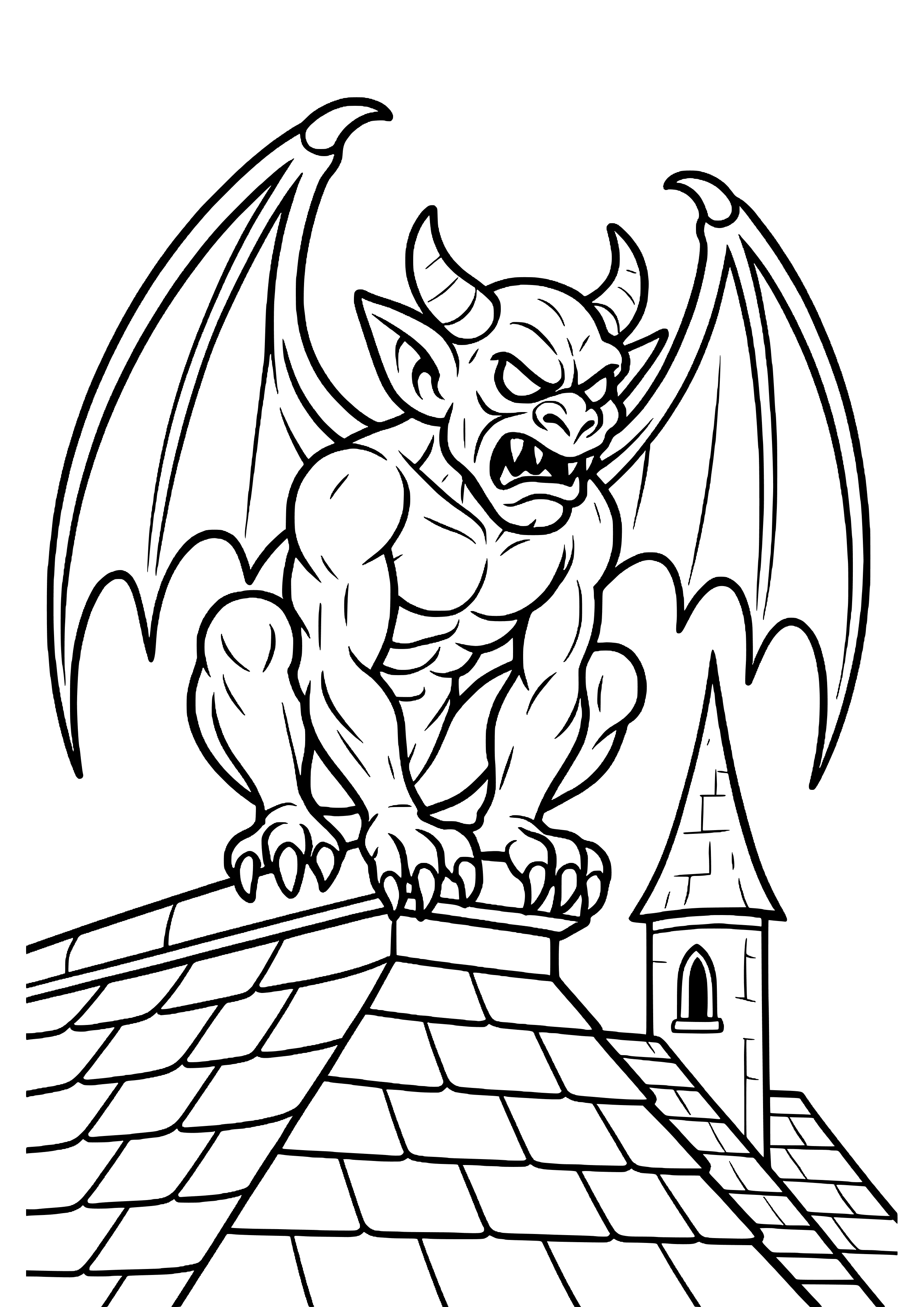 Frightening Gargoyle on a Rooftop Coloring Page