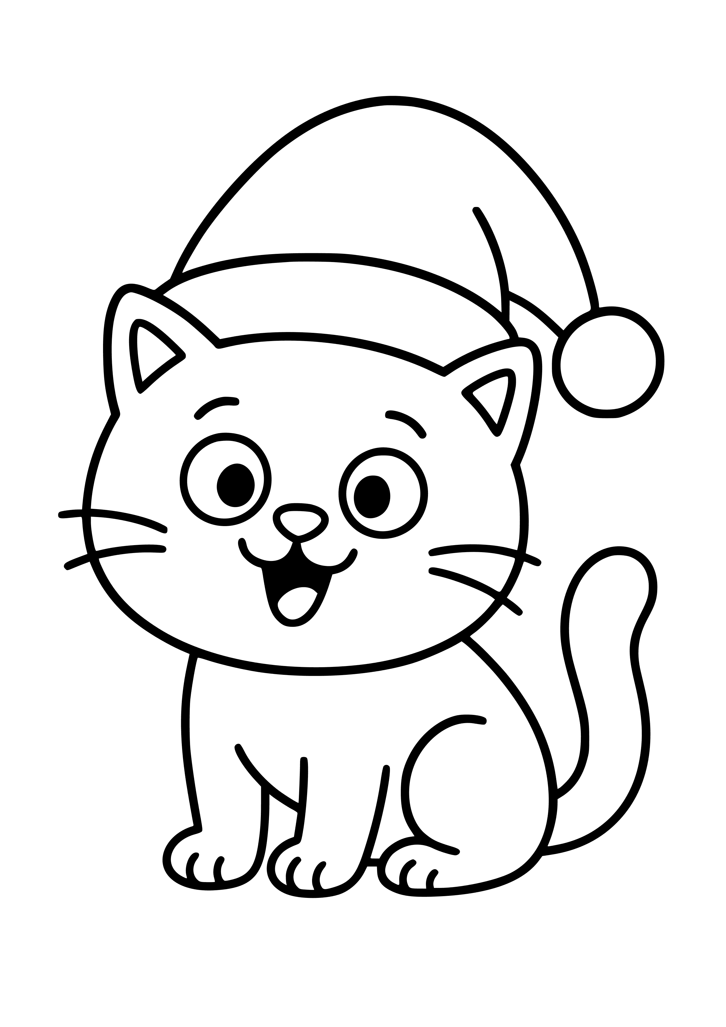 Funny Cat Wearing a Santa Hat Coloring Page