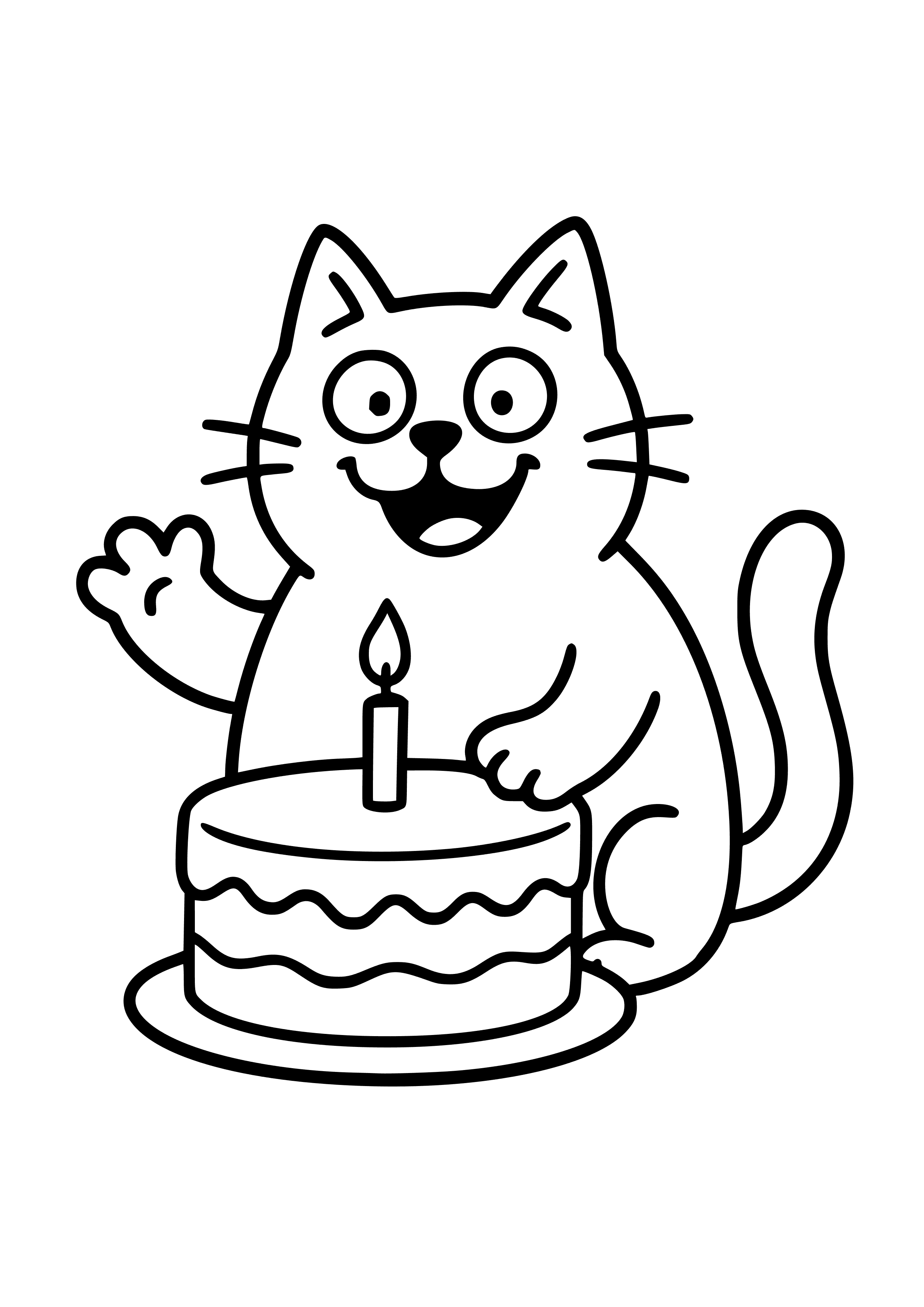 Funny Cat with a Birthday Cake Coloring Page