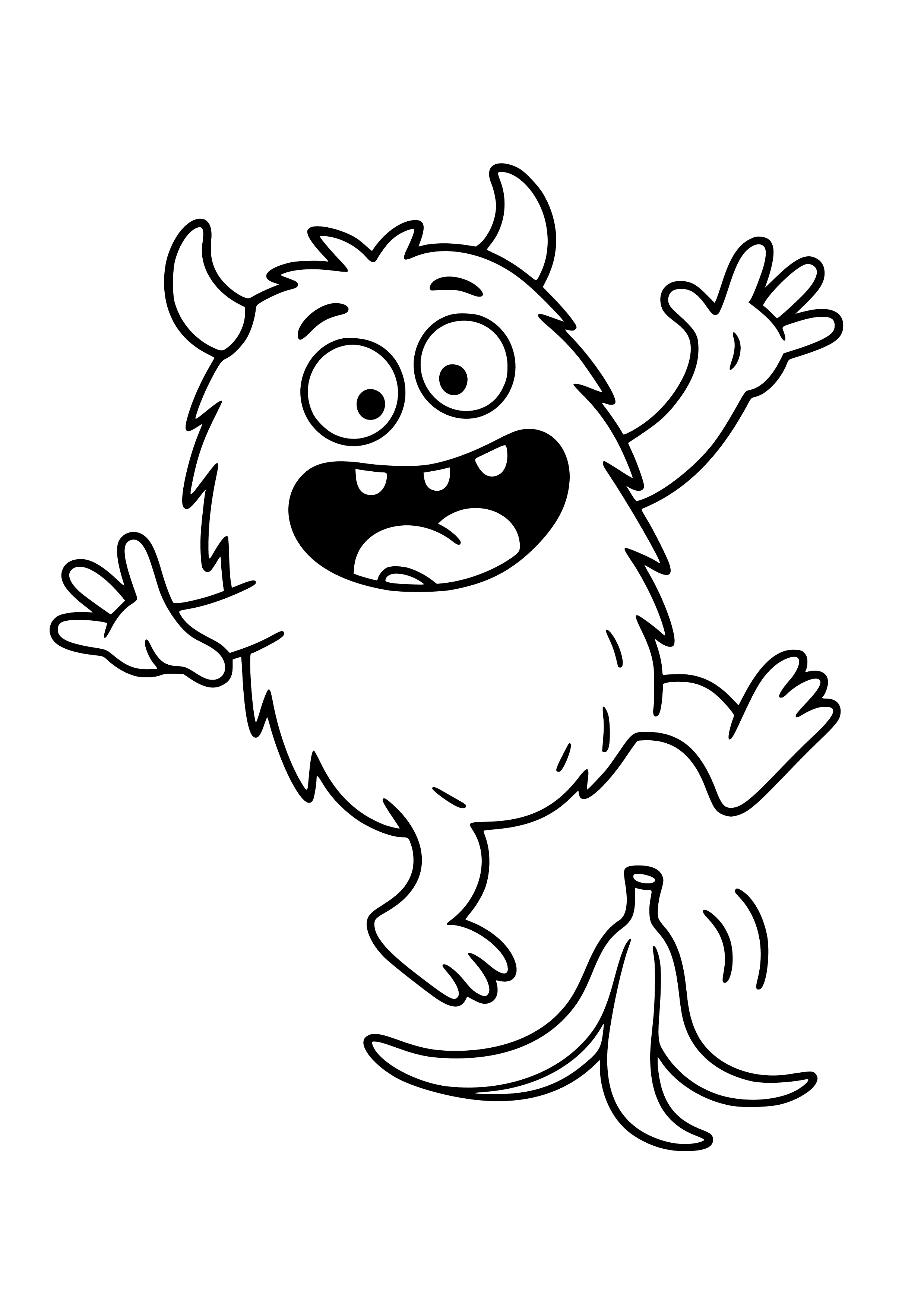 Funny Yellow Monster Slipping on a Banana Peel Coloring Page