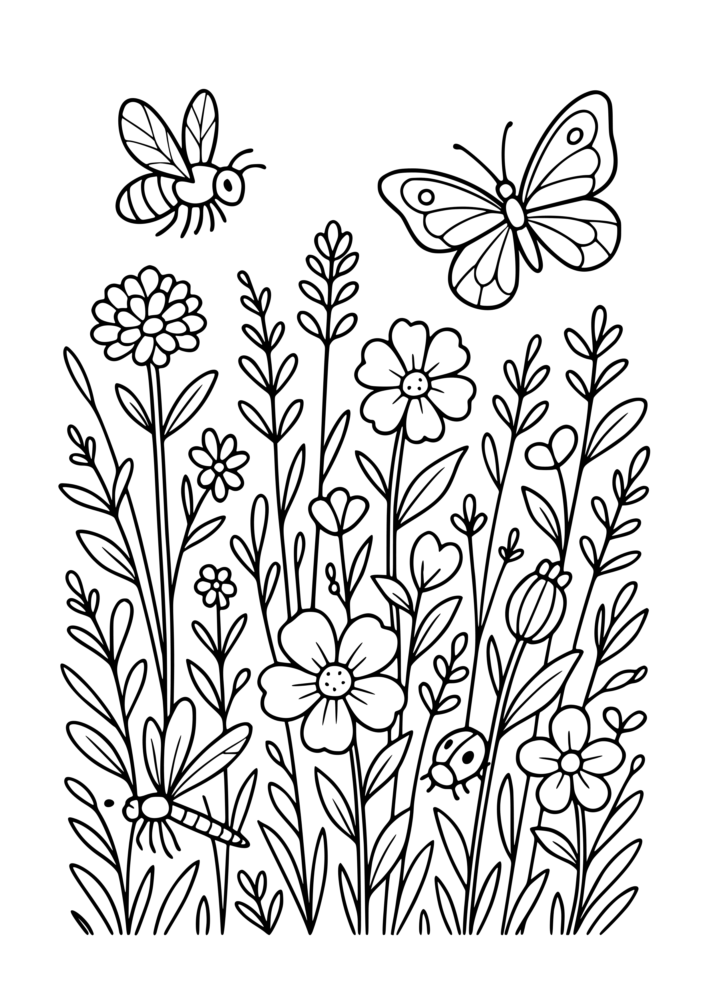 Garden of Wildflowers with Insects Coloring Page