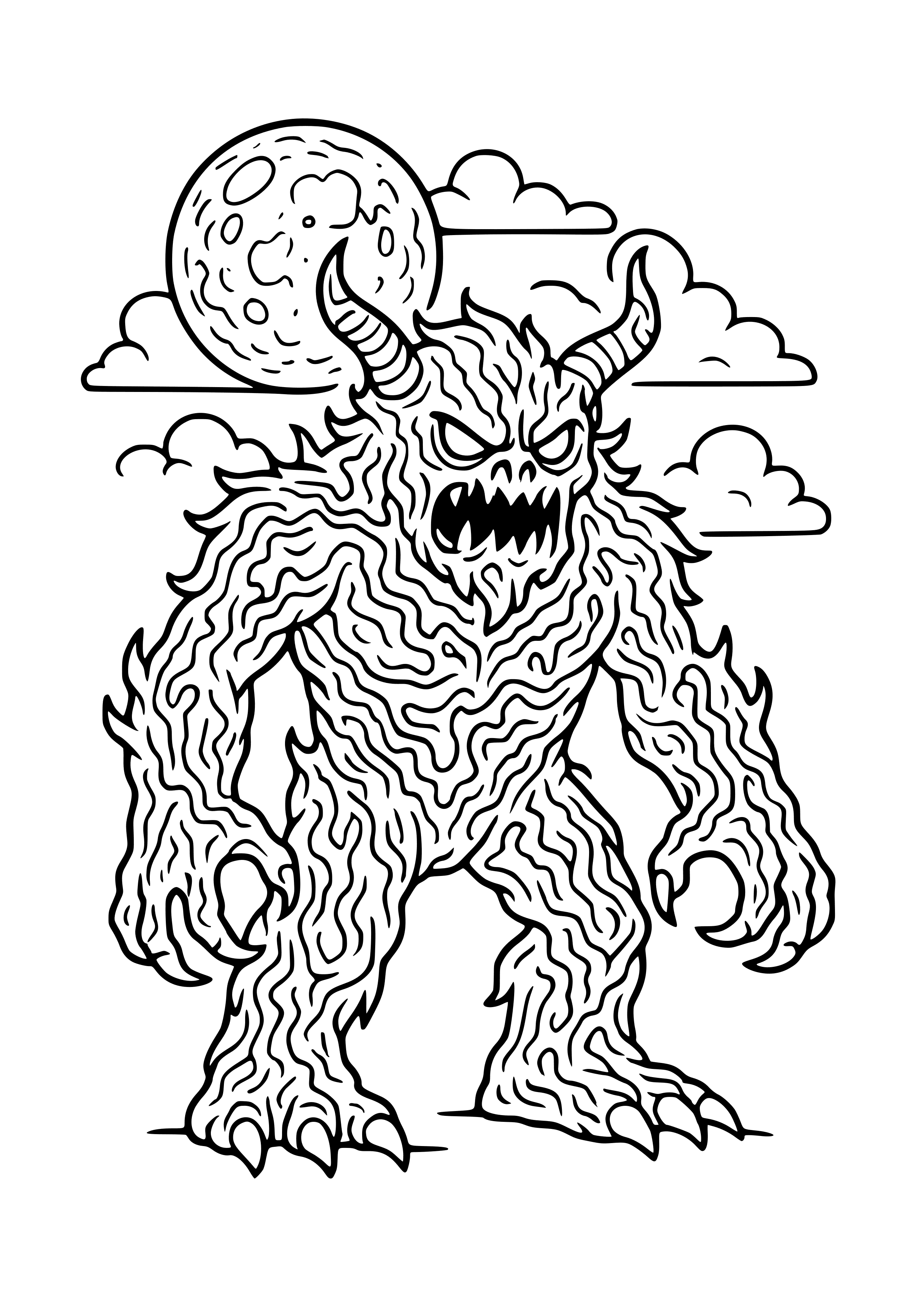 Glowing Green Monster Under a Full Moon Coloring Page