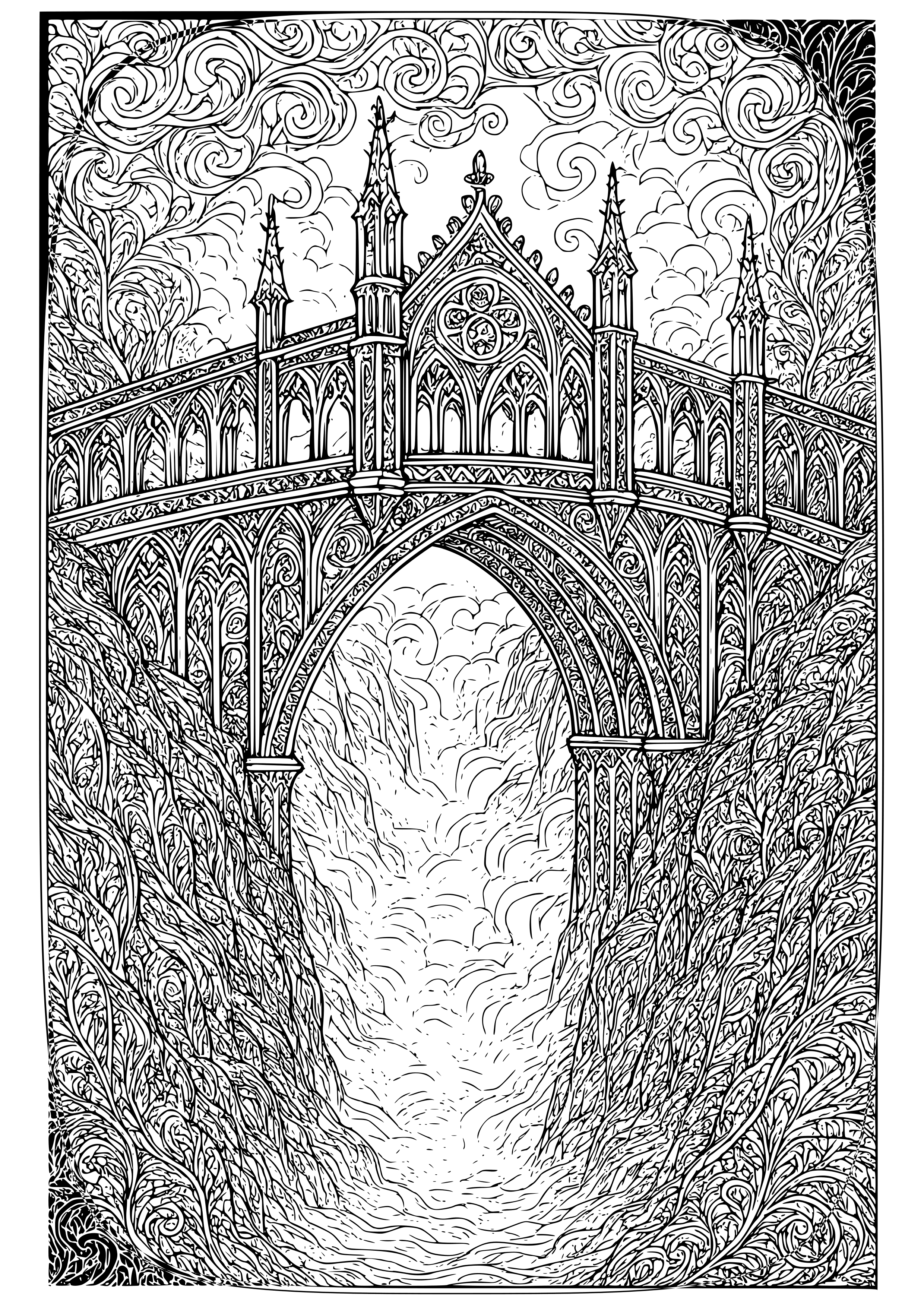 Gothic Bridge Over a Misty Ravine Coloring Page
