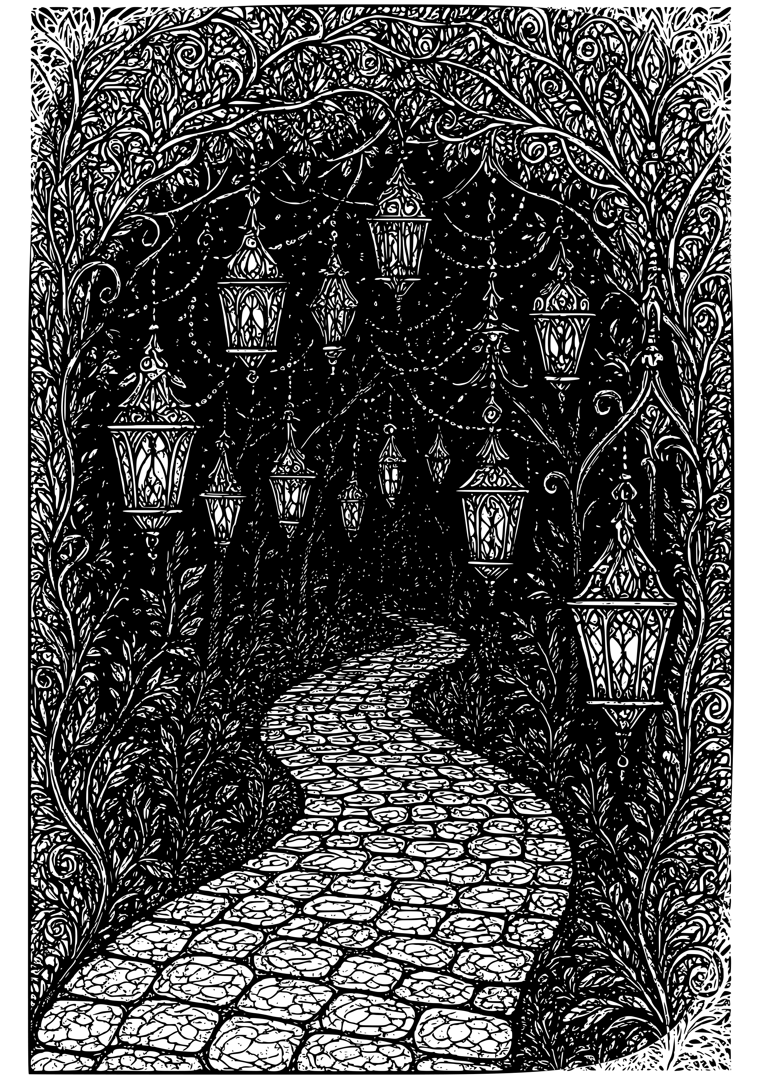 Gothic Fairy Lights Illuminating a Dark Path Coloring Page