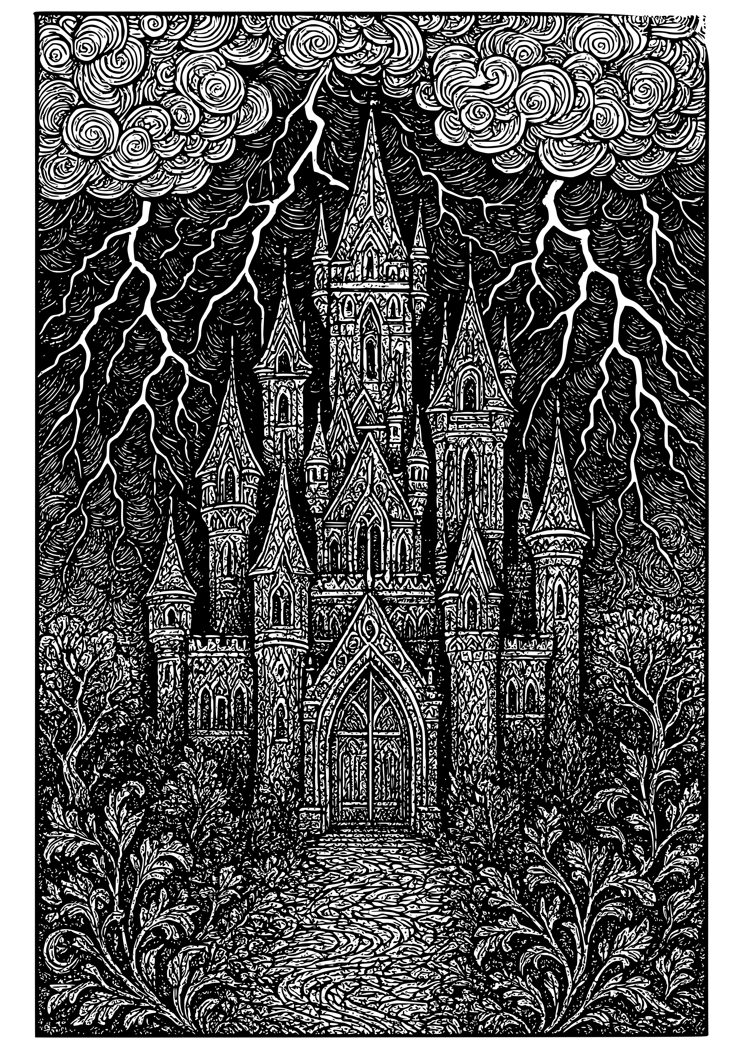 Gothic Fairy Tale Castle on a Stormy Night Coloring Page