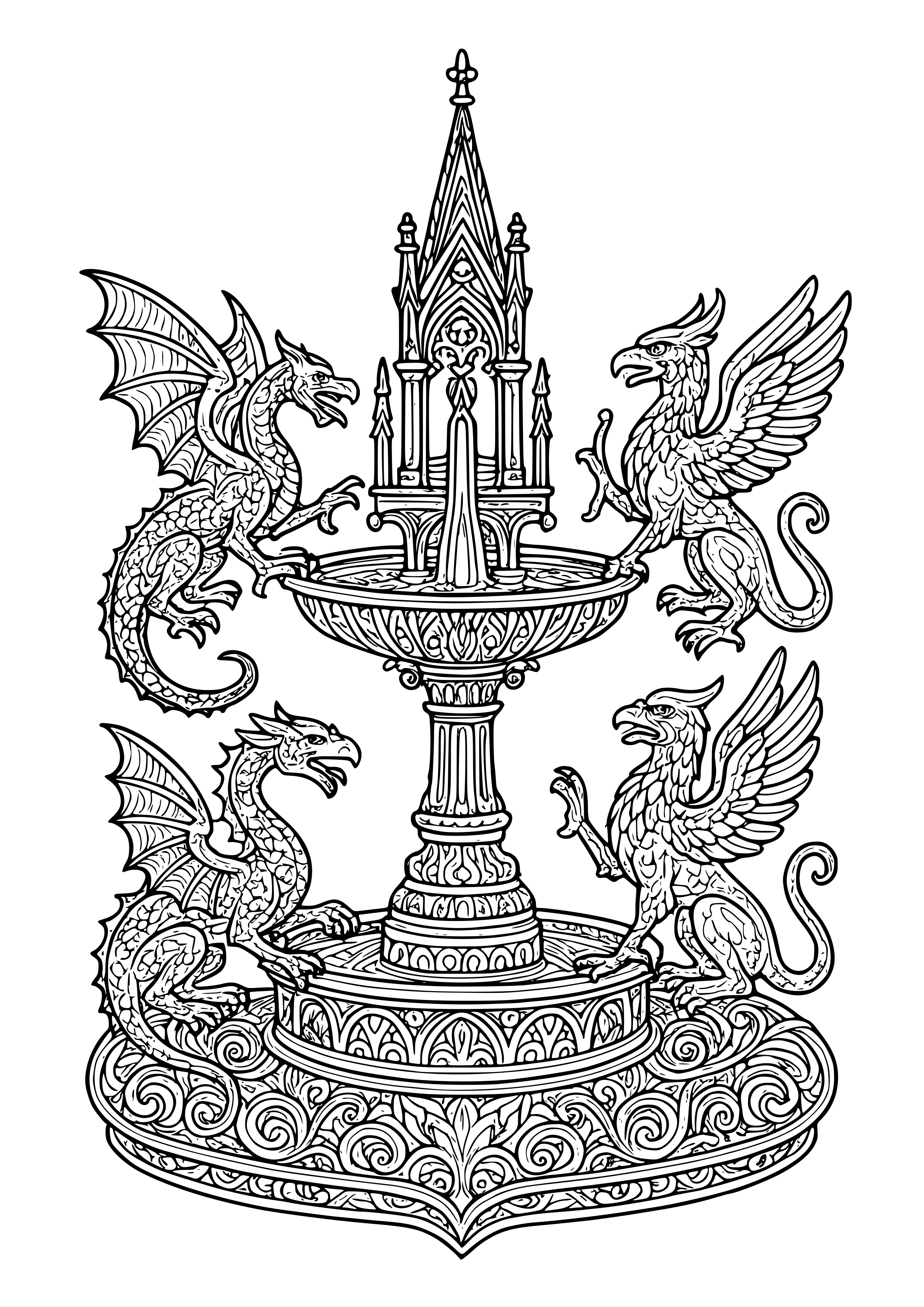 Gothic Fountain Surrounded by Mythical Creatures Coloring Page