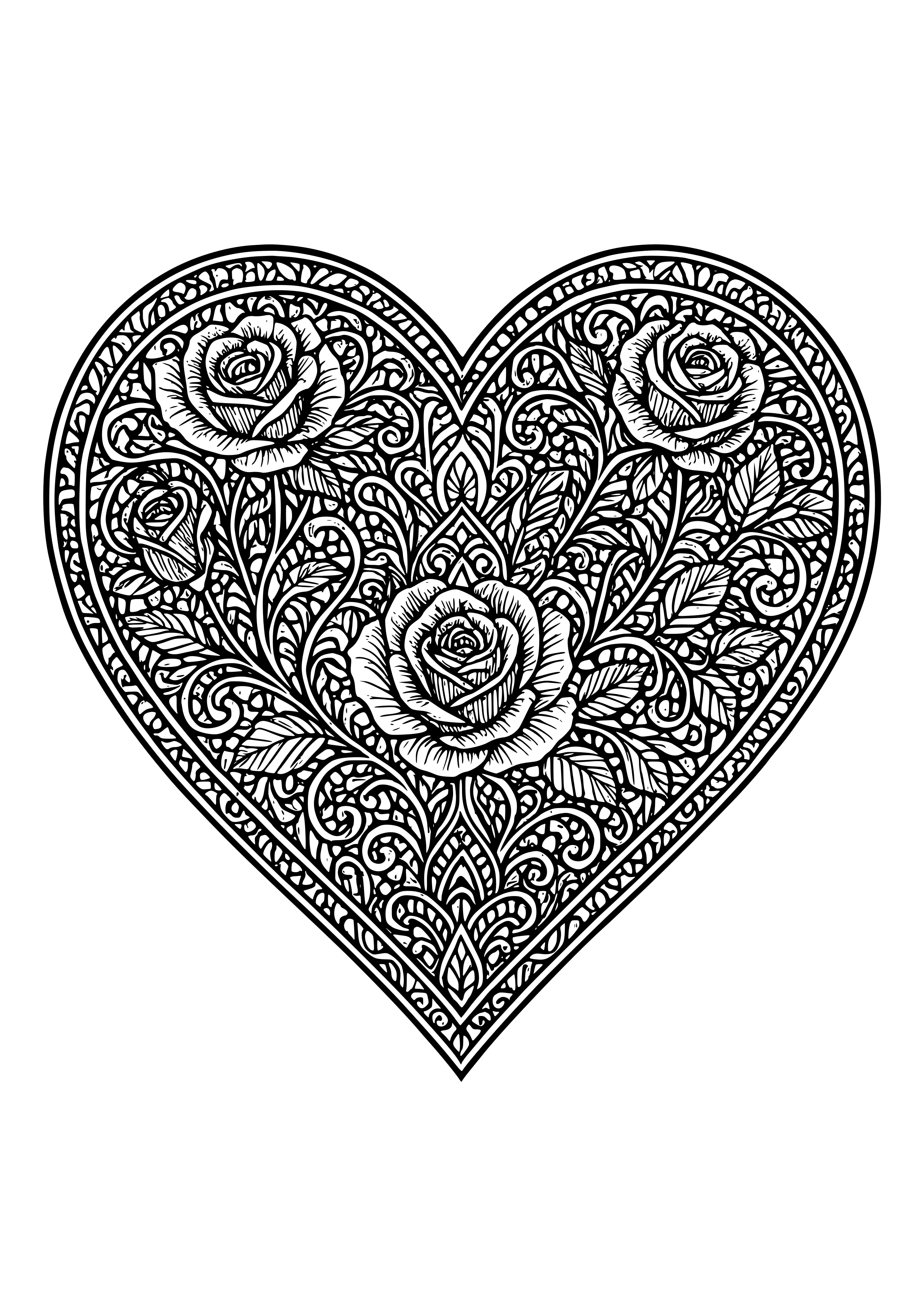 Gothic Love Heart with Roses Coloring Page