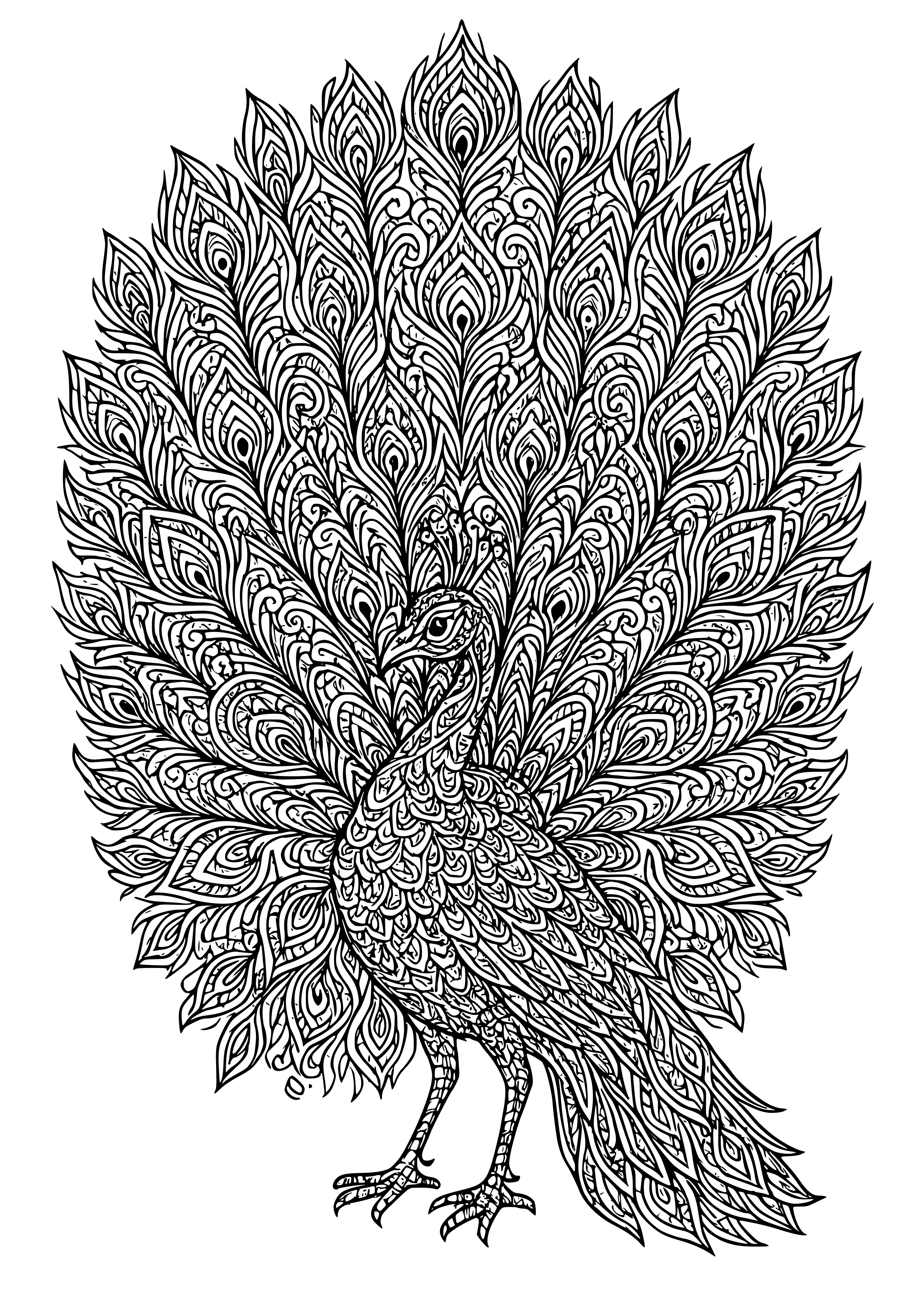Gothic Peacock Spreading Its Intricate Feathers Coloring Page