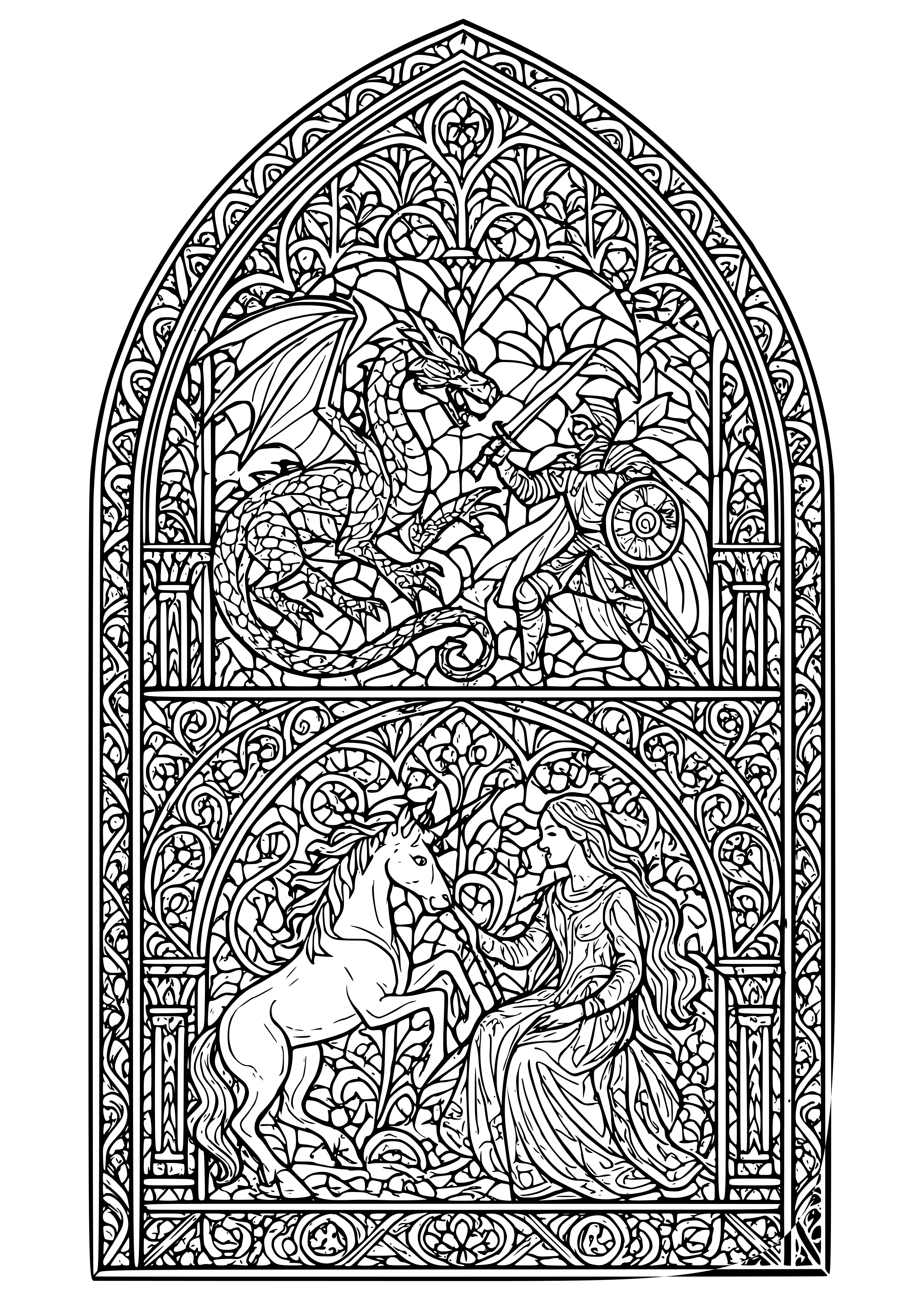Gothic Stained Glass Window Depicting Mythical Scenes Coloring Page