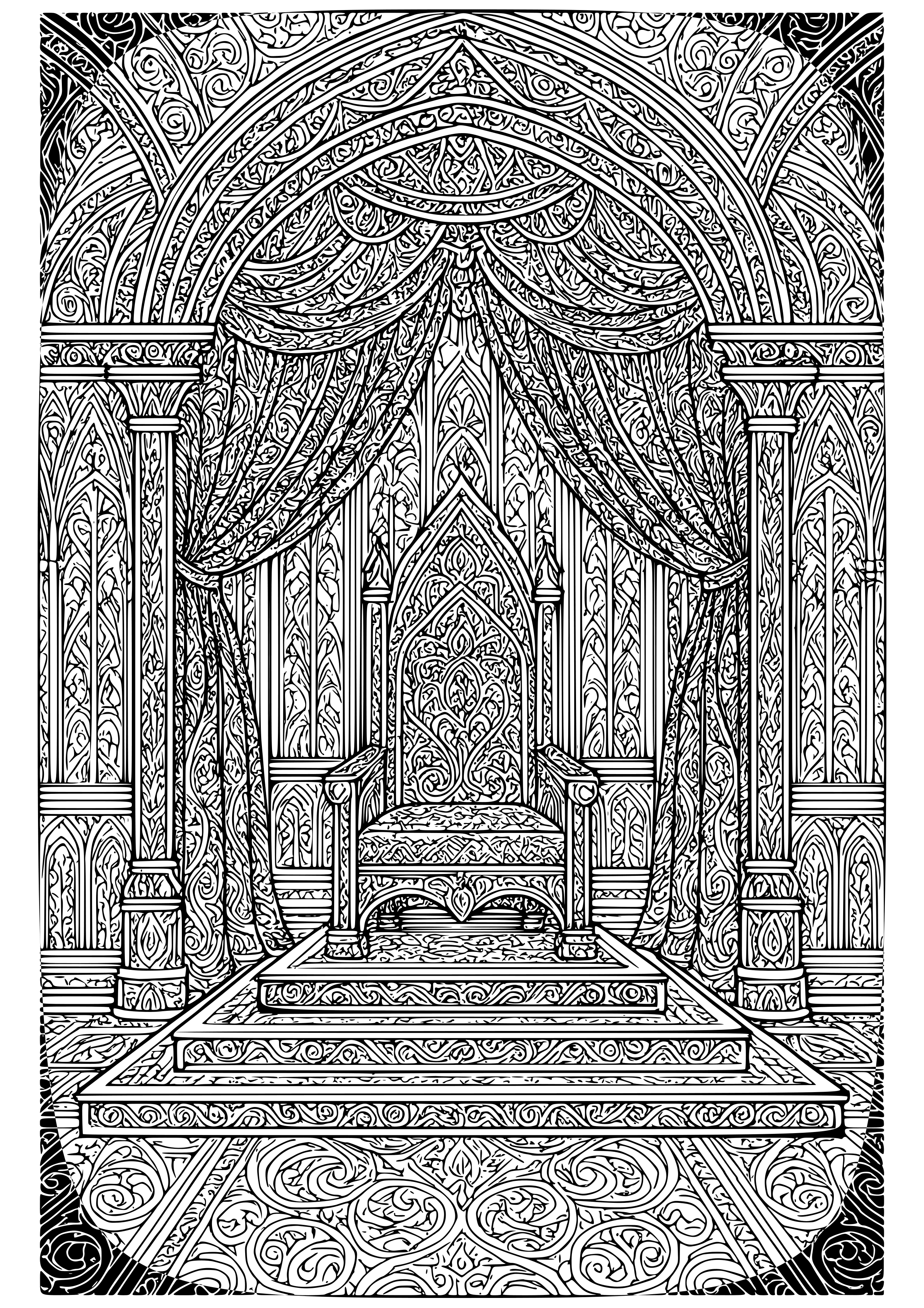 Gothic Throne Room Adorned with Dark Velvet Coloring Page