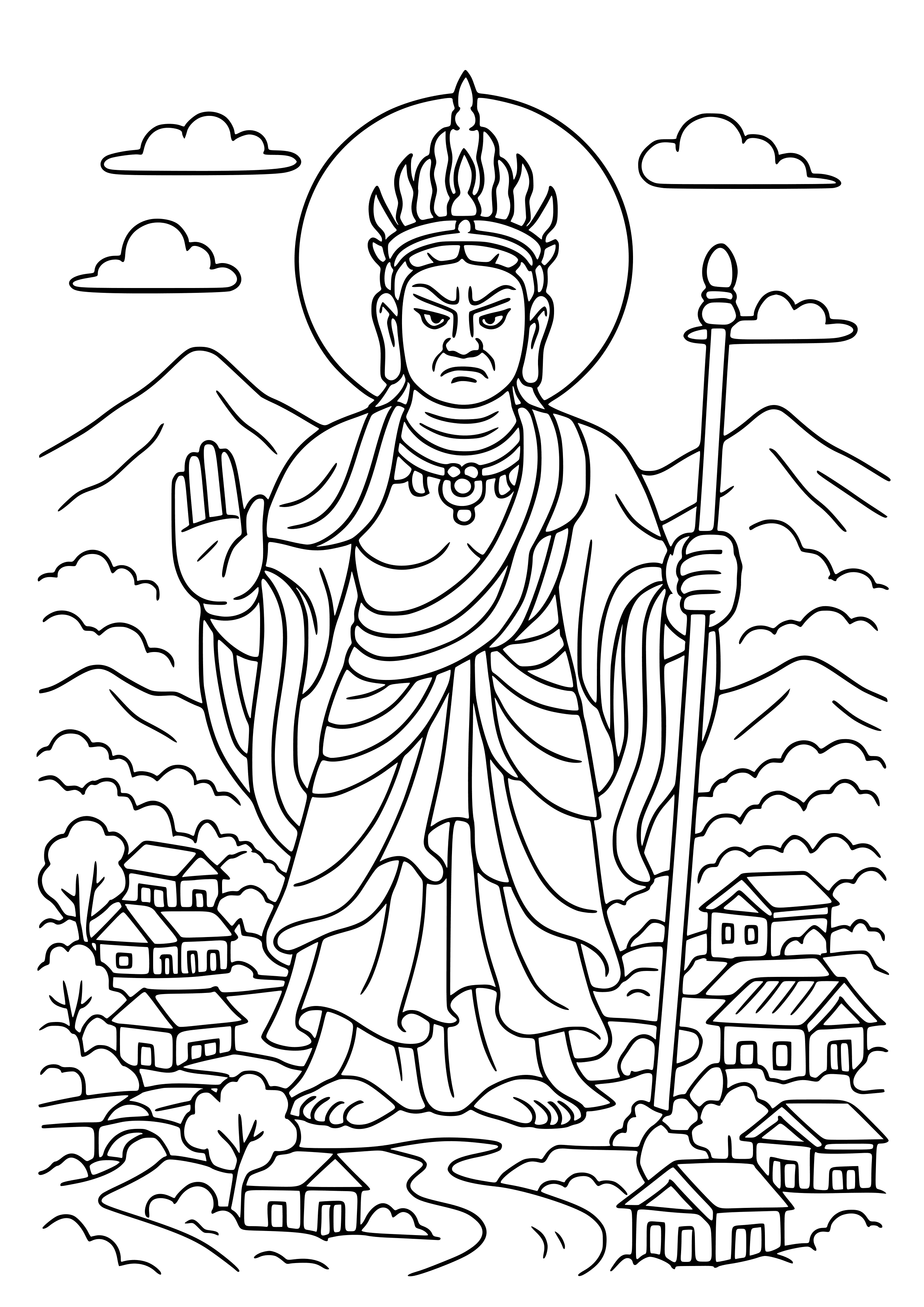 Guardian Deity Watching Over a Village Coloring Page
