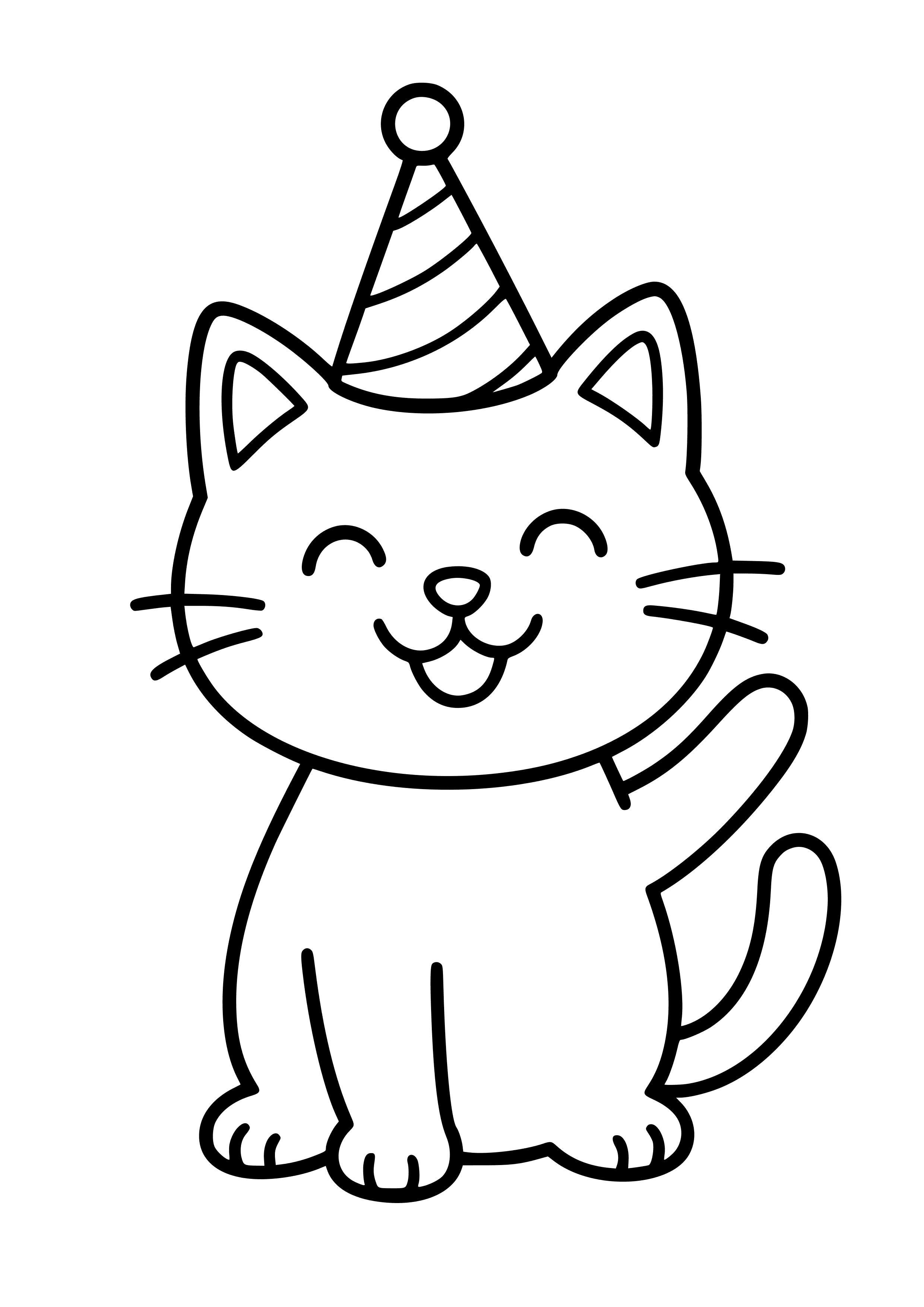 Happy Cat with a Birthday Hat Coloring Page