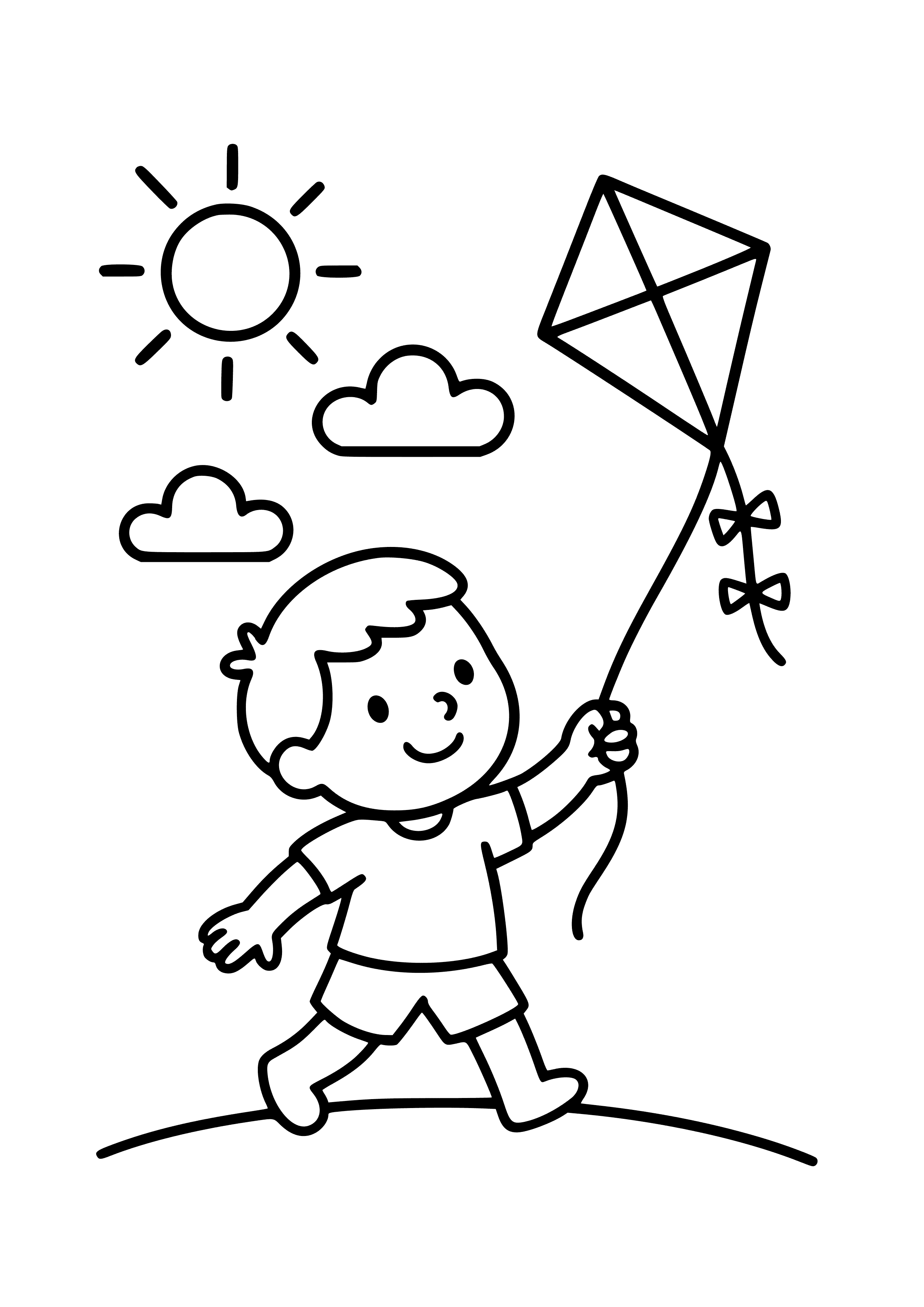 Happy Child Flying a Kite on a Sunny Day Coloring Page