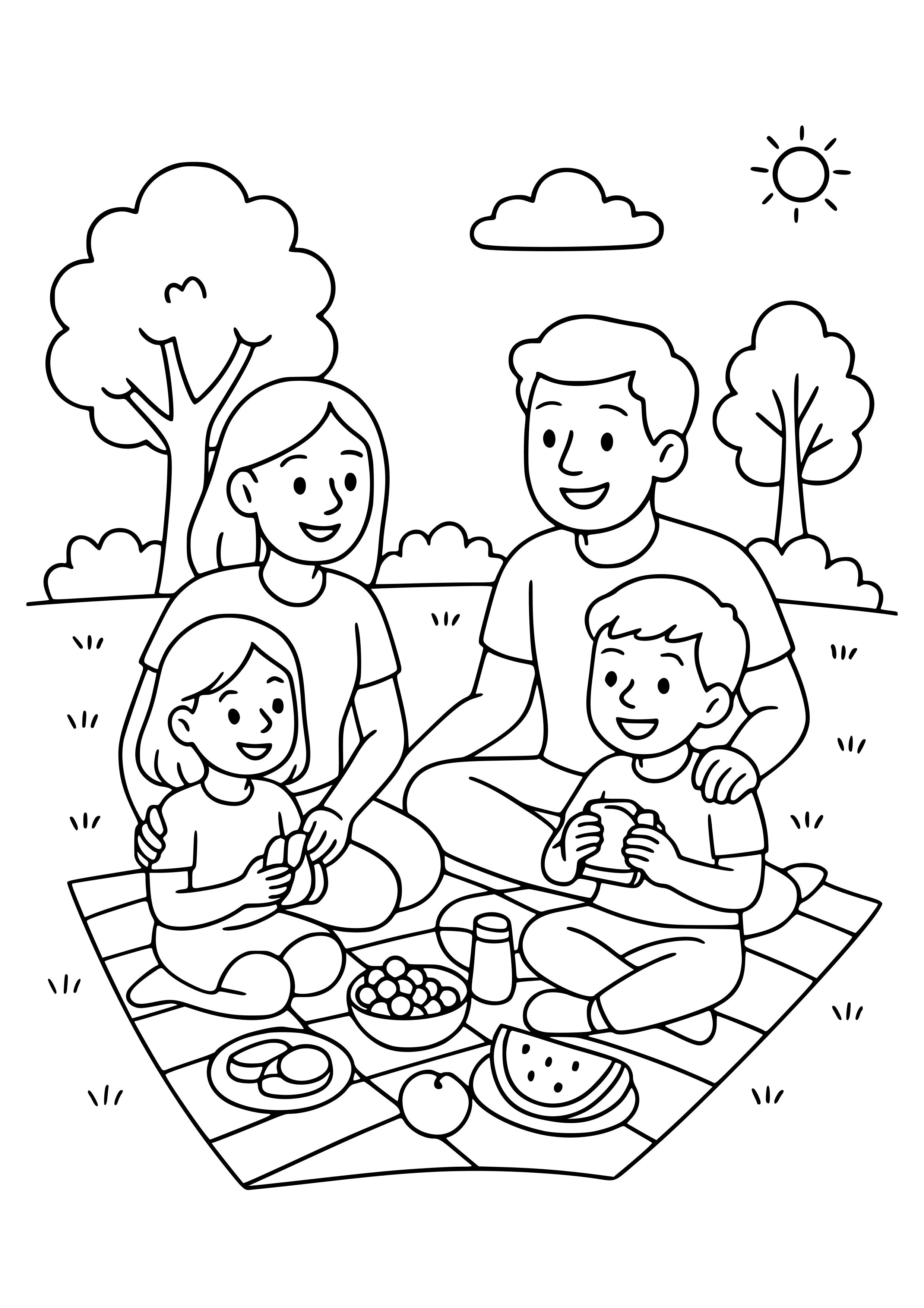 Happy Family Picnic Scene Coloring Page