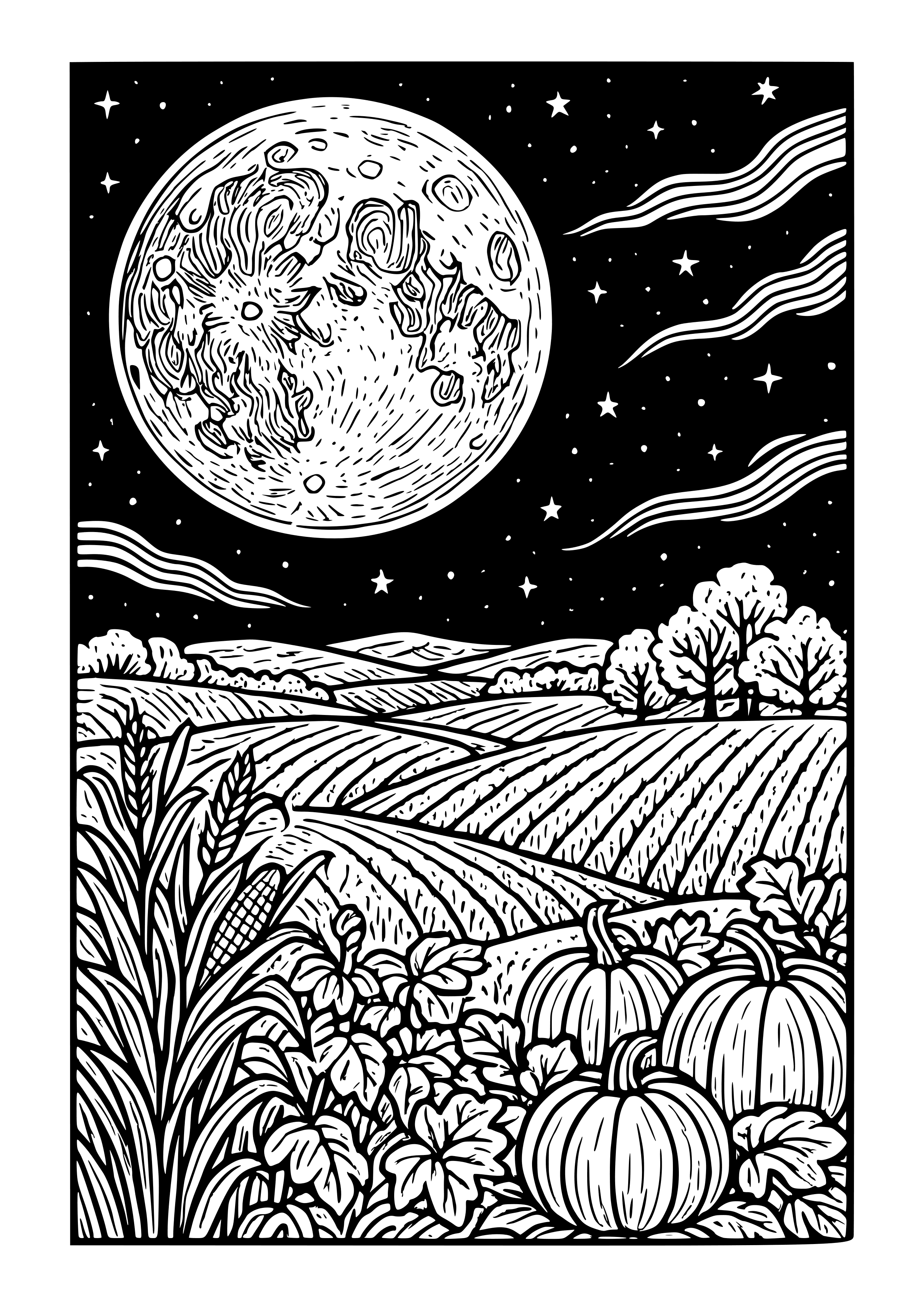Harvest Moon Over Fields Coloring Page
