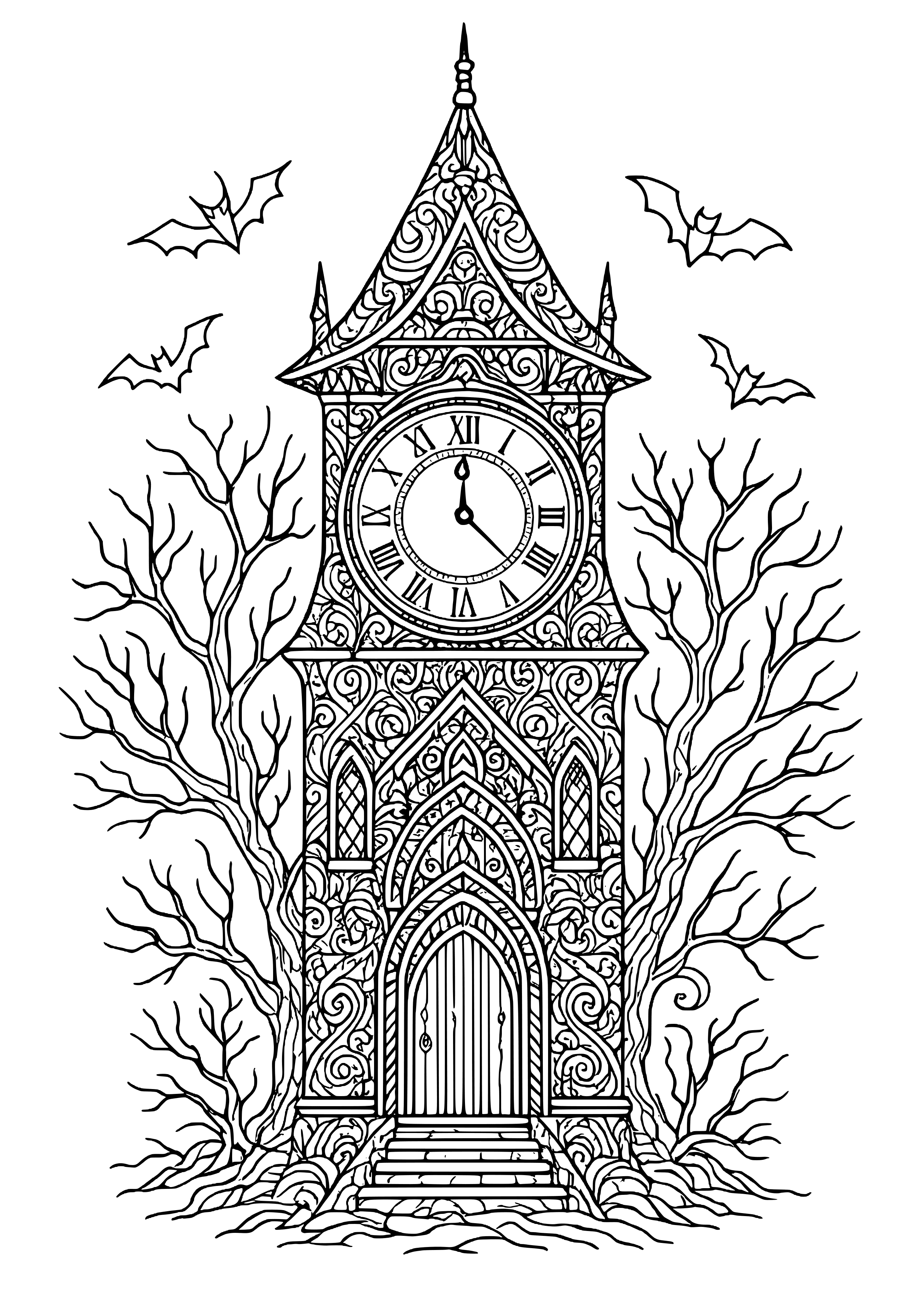 Haunted Clock Tower Striking Midnight Coloring Page